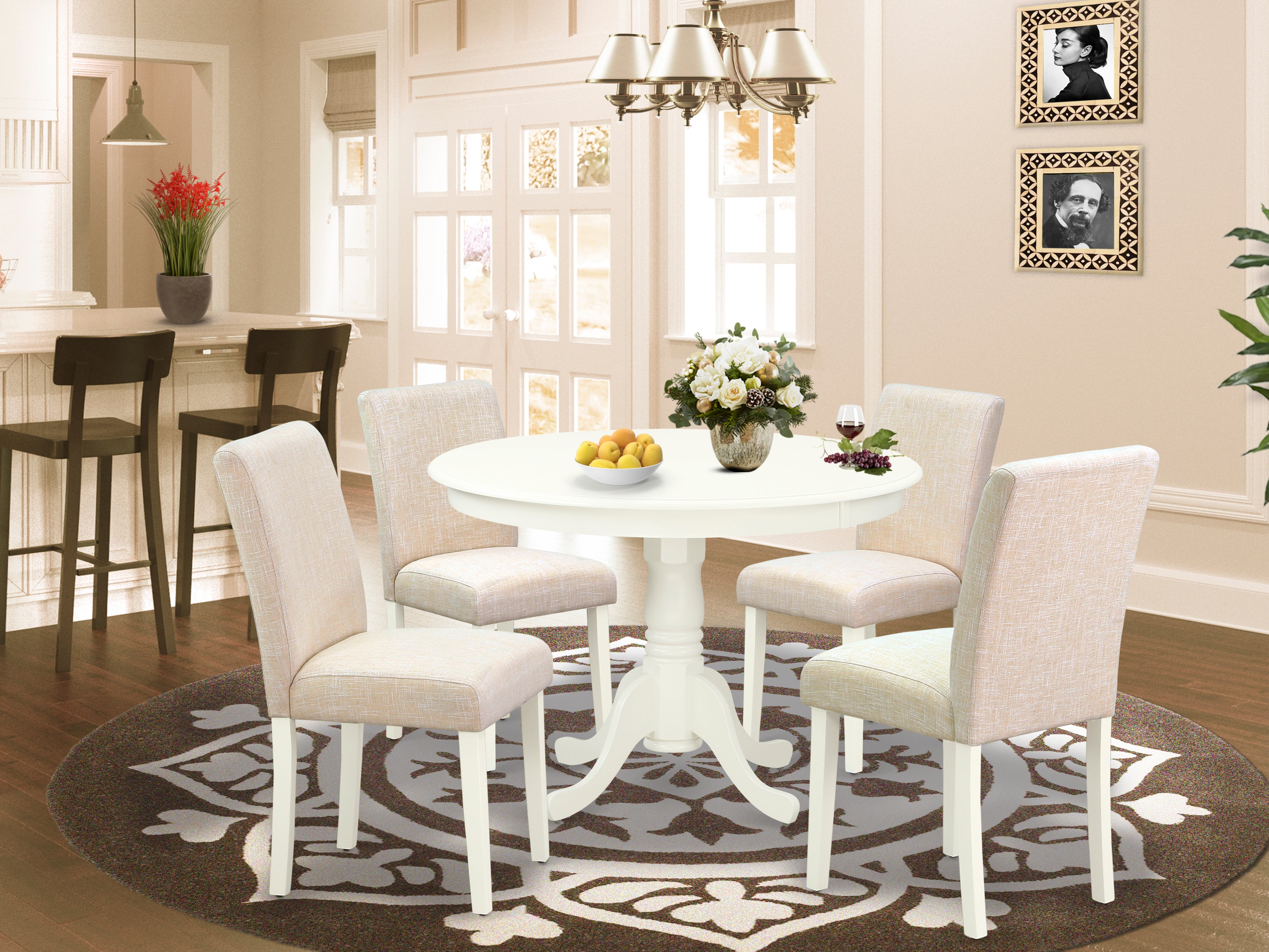 HLAB5-LWH-02 5Pc Round 42 Inch Dinette Table And Four Parson Chair With Linen White Leg And Linen Fabric Light Beige