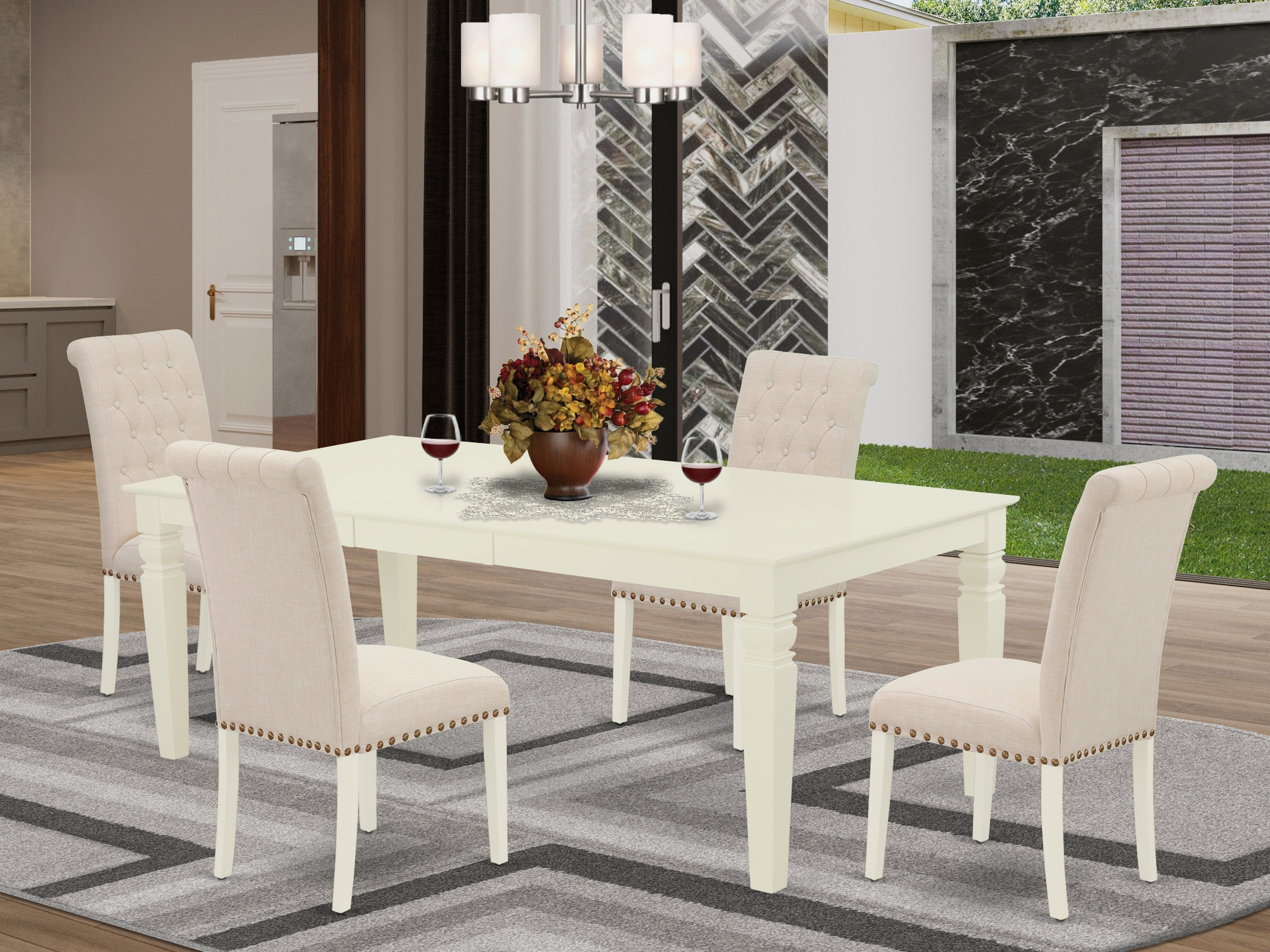 LGBR5-LWH-02 5Pc Dining Set Includes a Rectangle Dining Table with Butterfly Leaf and Four Parson Chairs with Light Beige Fabric, Linen White Finish