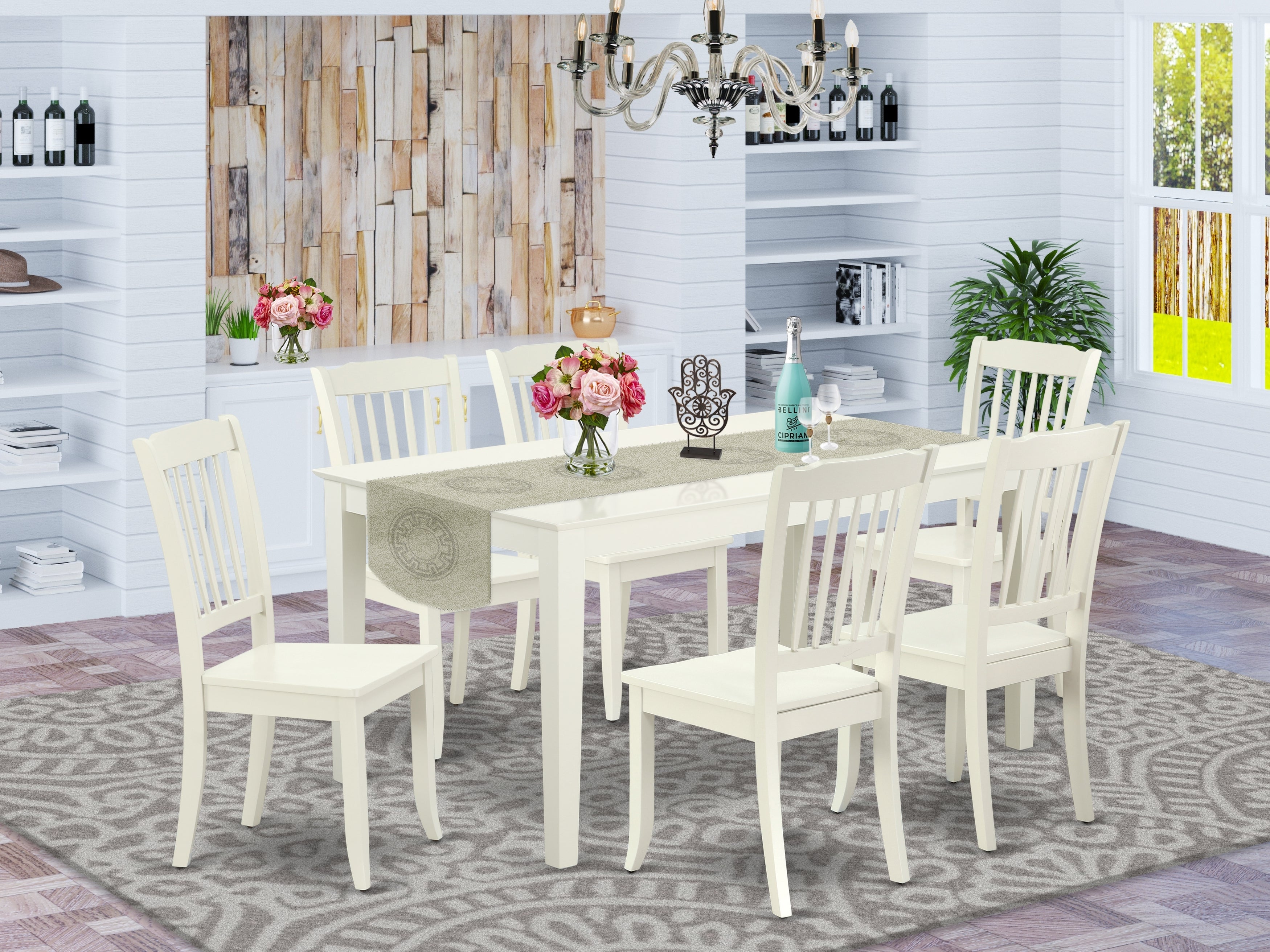 CADA7-LWH-W 7PC Rectangular 60 inch Table and 6 vertical slatted Chairs