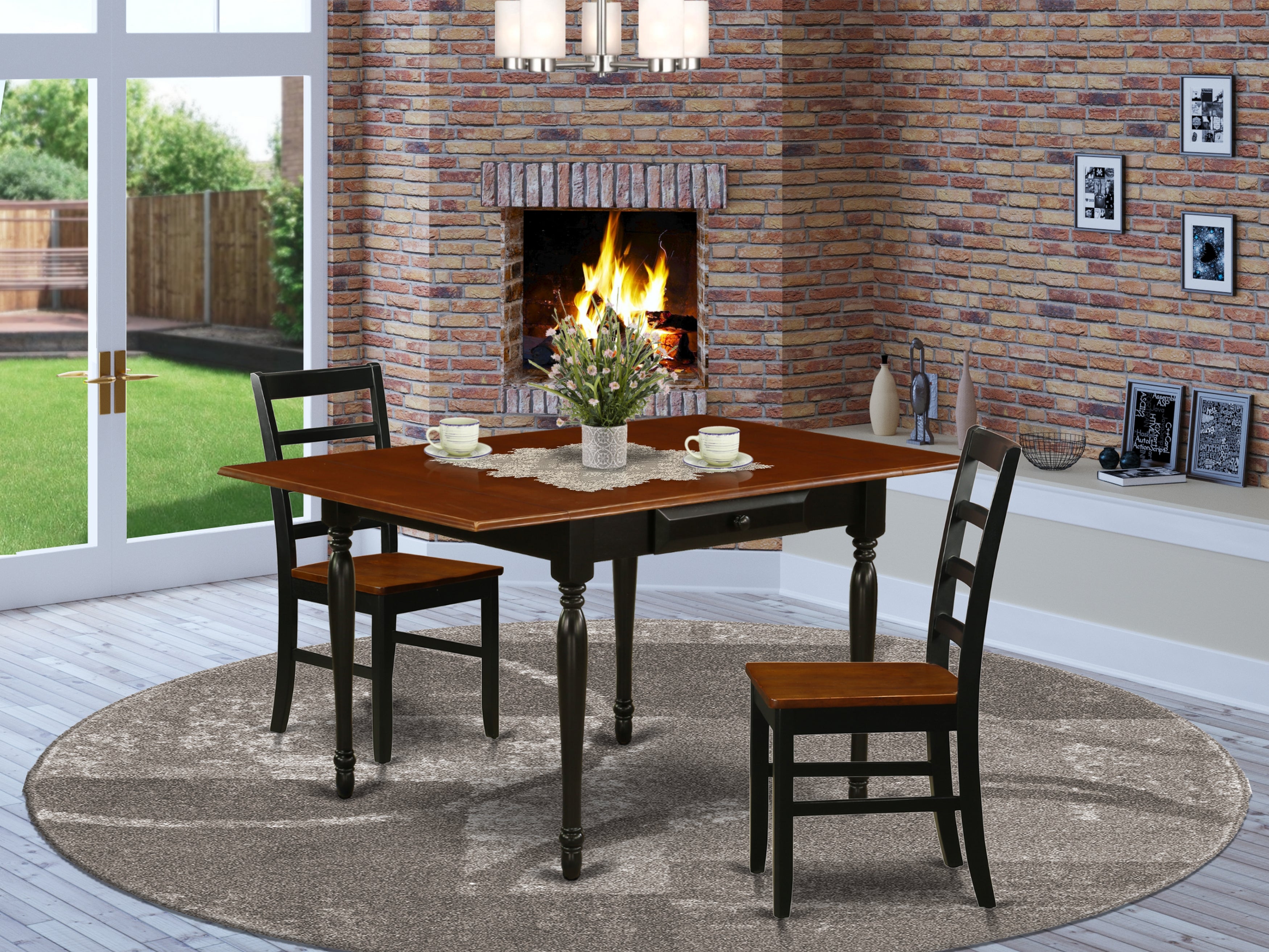 East West Furniture MZPF3-BCH-W 3 Pcs Dining Room Table set - Strong Two 9-Inch Drop Down Leaves Hardwood Dining Room Table and 2 Solid Wood Seat Dining Room Chairs, Black and Cherry Finish