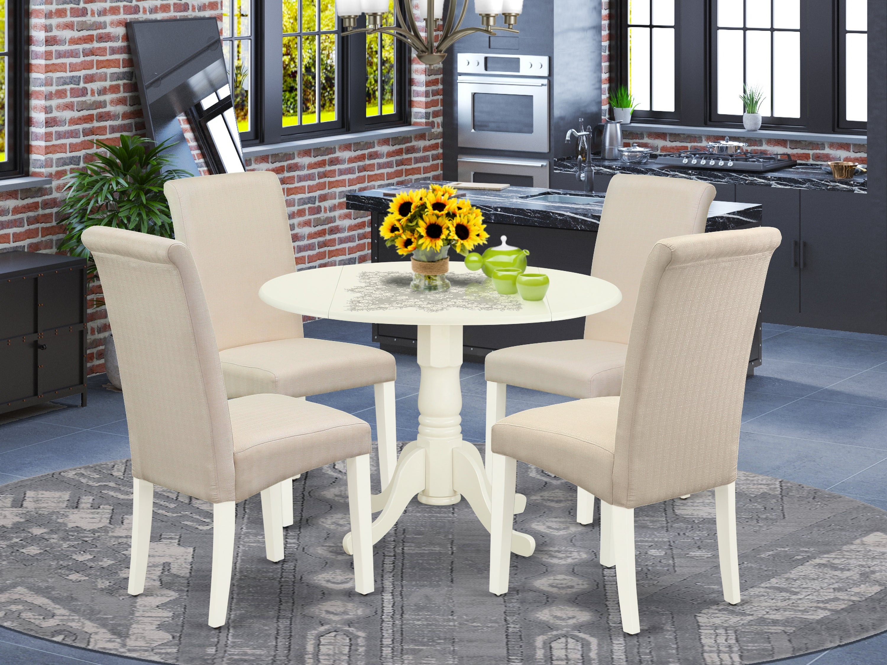 DLBA5-WHI-01 5Pc Dining Set Includes a Small Round Dinette Table with Drop Leaves and Four Parson Chairs with Cream Fabric, White Finish