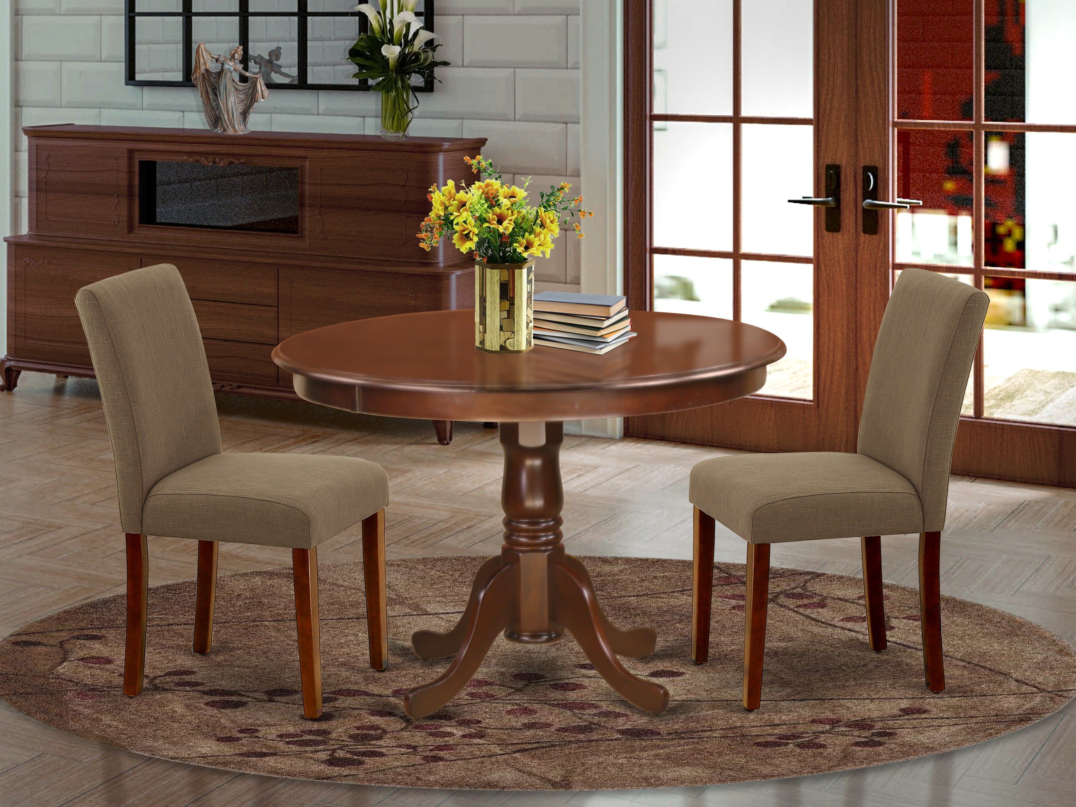 HLAB3-MAH-18 3Pc Round 42 Inch Kitchen Table And 2 Parson Chair With Mahogany Leg And Linen Fabric Coffee