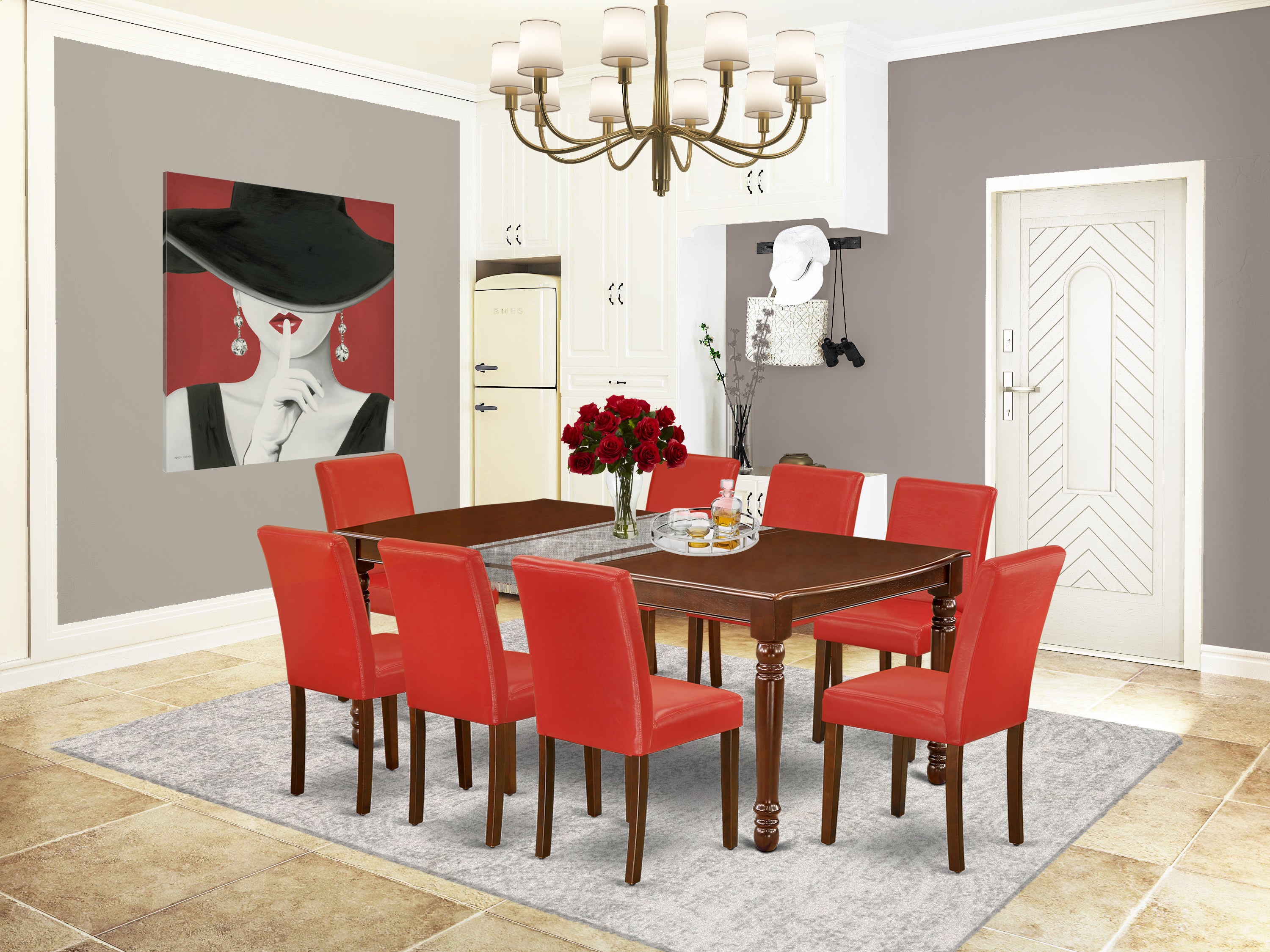 DOAB9-MAH-72 9Pc Rectangle 60/78 Inch Dining Table With 18 In Leaf And 8 Parson Chair With Mahogany Leg And Pu Leather Color Firebrick Red