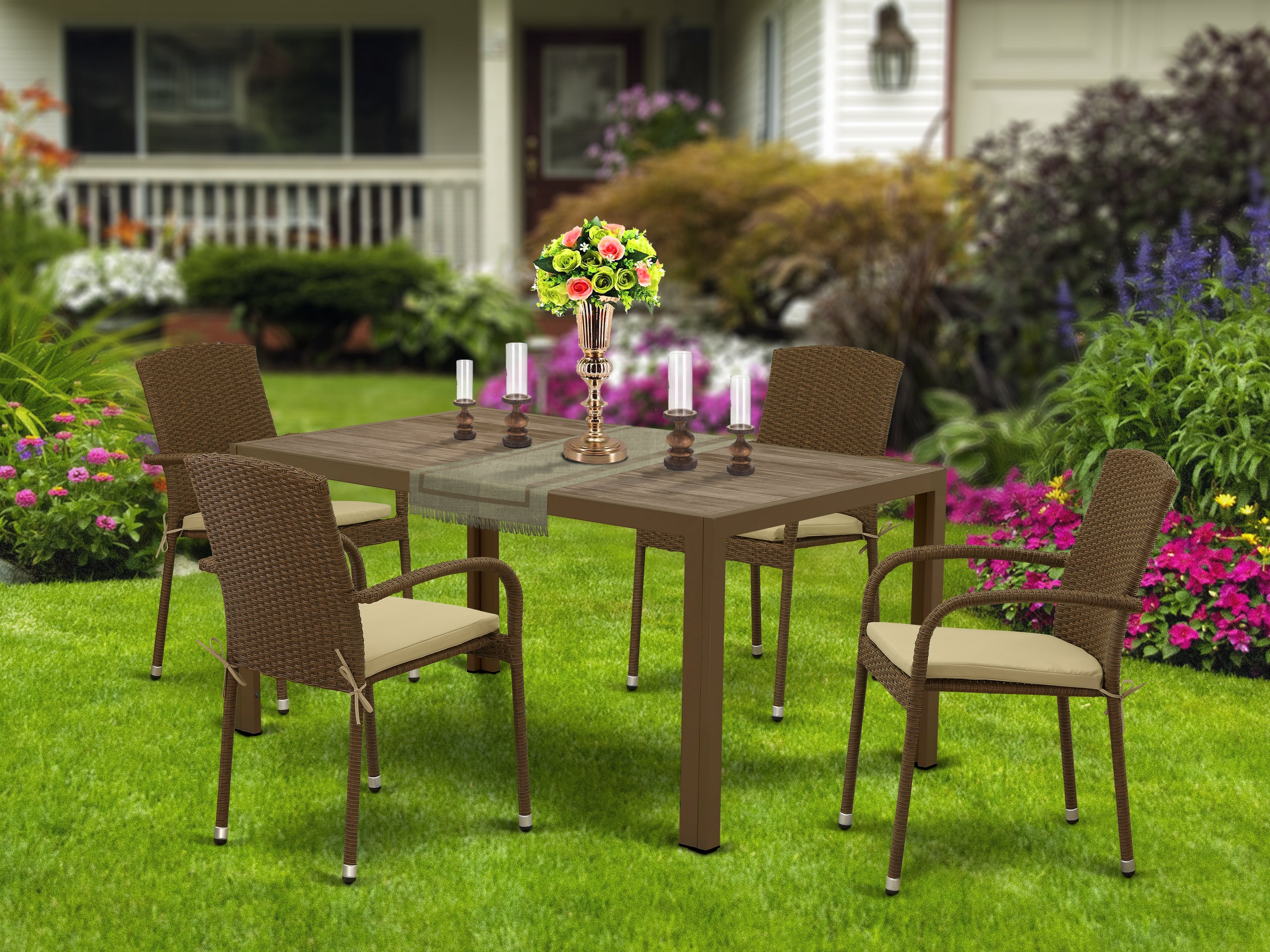 JUJU5-02A 5Pc Outdoor-Furniture Brown Wicker Dining Set Includes a Patio Table and 4 Balcony Backyard Armchair with Linen Fabric Cushion
