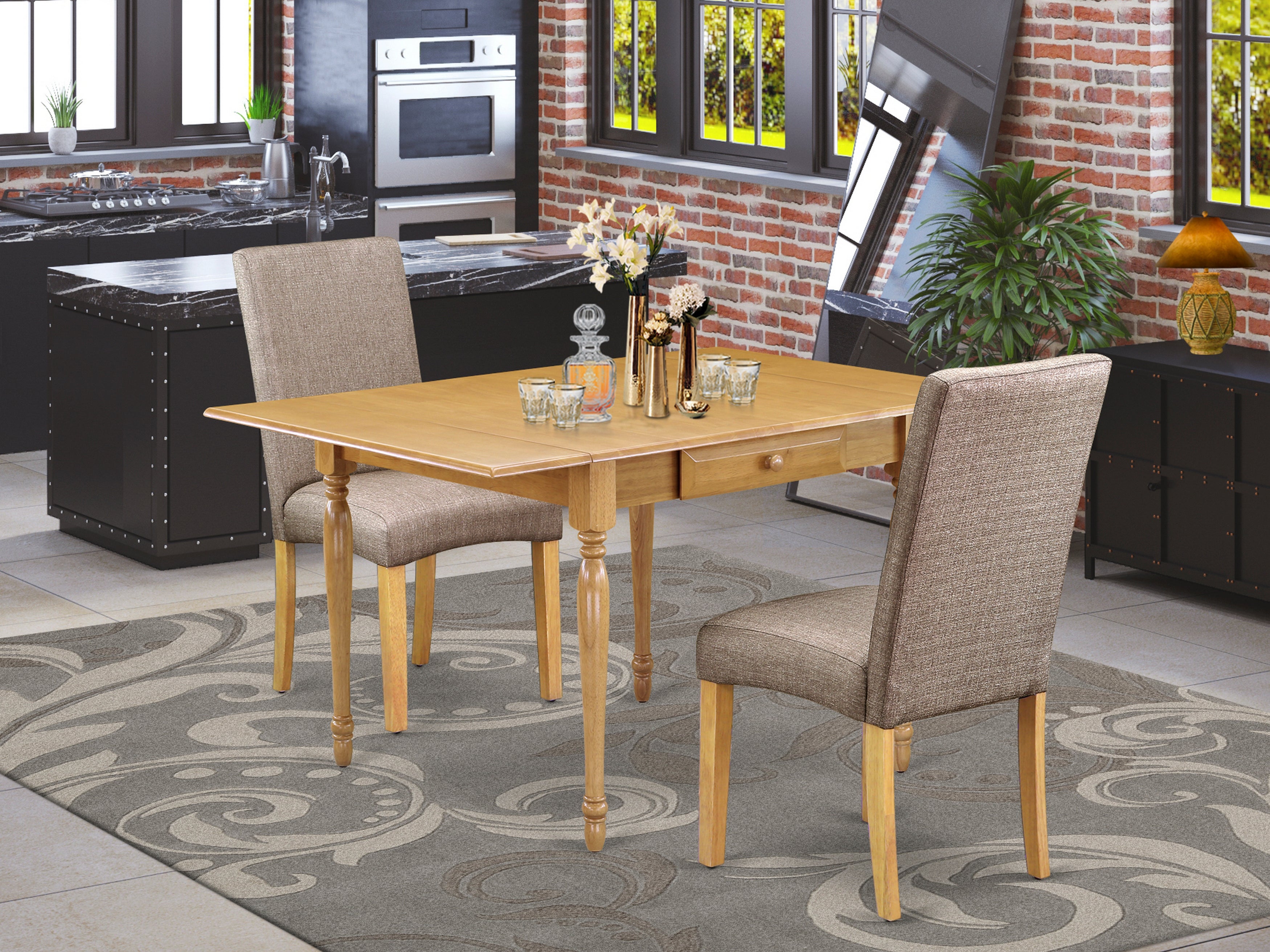East West Furniture MZDR3-OAK-16 3Pc Dining Table Set for 2 Includes a Dinette Table and 2 Parsons Dining Room Chairs with Dark Khaki Color Linen Fabric, Drop Leaf Table with Full Back Chairs, Oak Finish