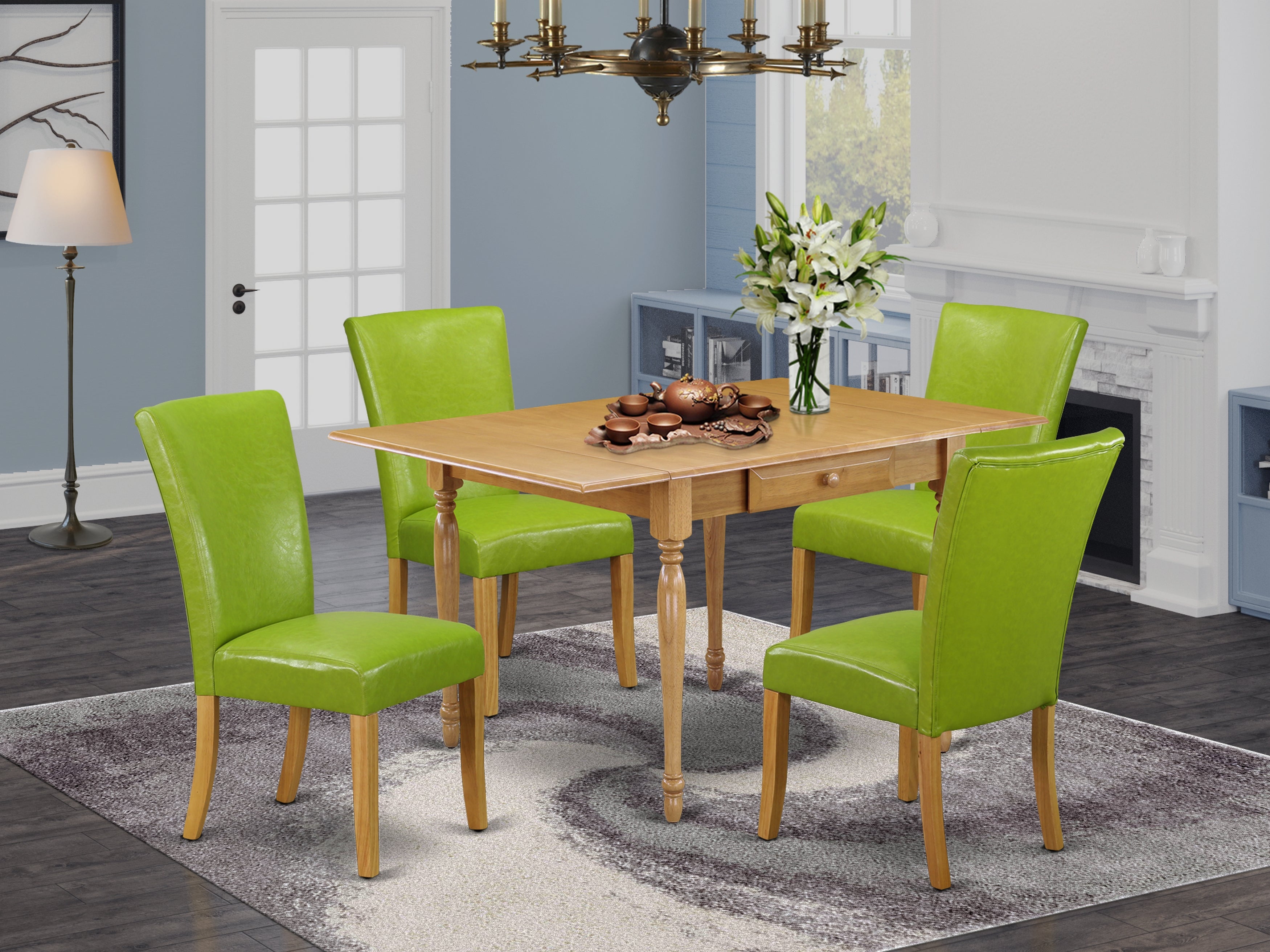 East West Furniture MZAL5-OAK-51 5Pc Dining Room Table Set Contains a Small Dining Table and 4 Upholstered Dining Chairs with Autumn Green Color PU Leather, Drop Leaf Table with Full Back Chairs, Oak Finish