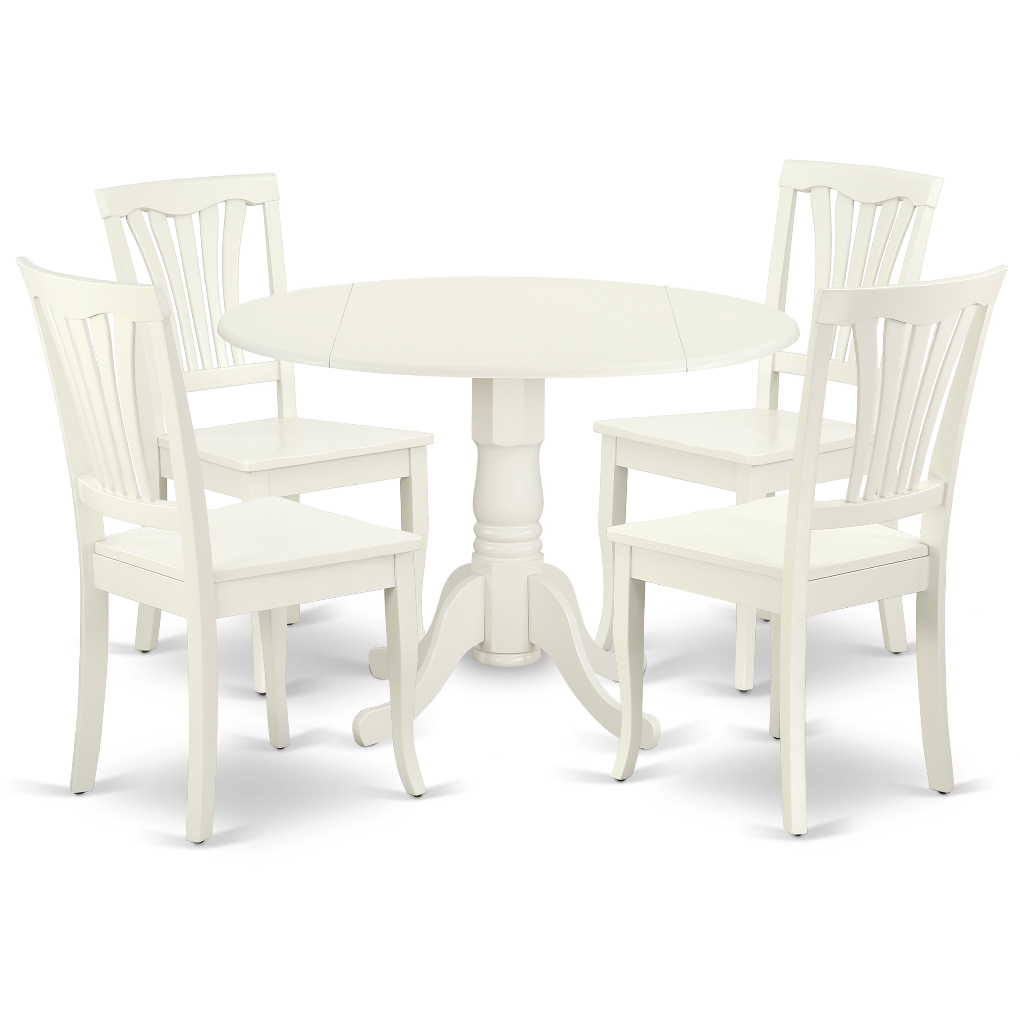 DLAV5-LWH-W 5PC Round 42 inch Table with Two 9-Inch Drop Leaves and 4 vertical slatted Chairs