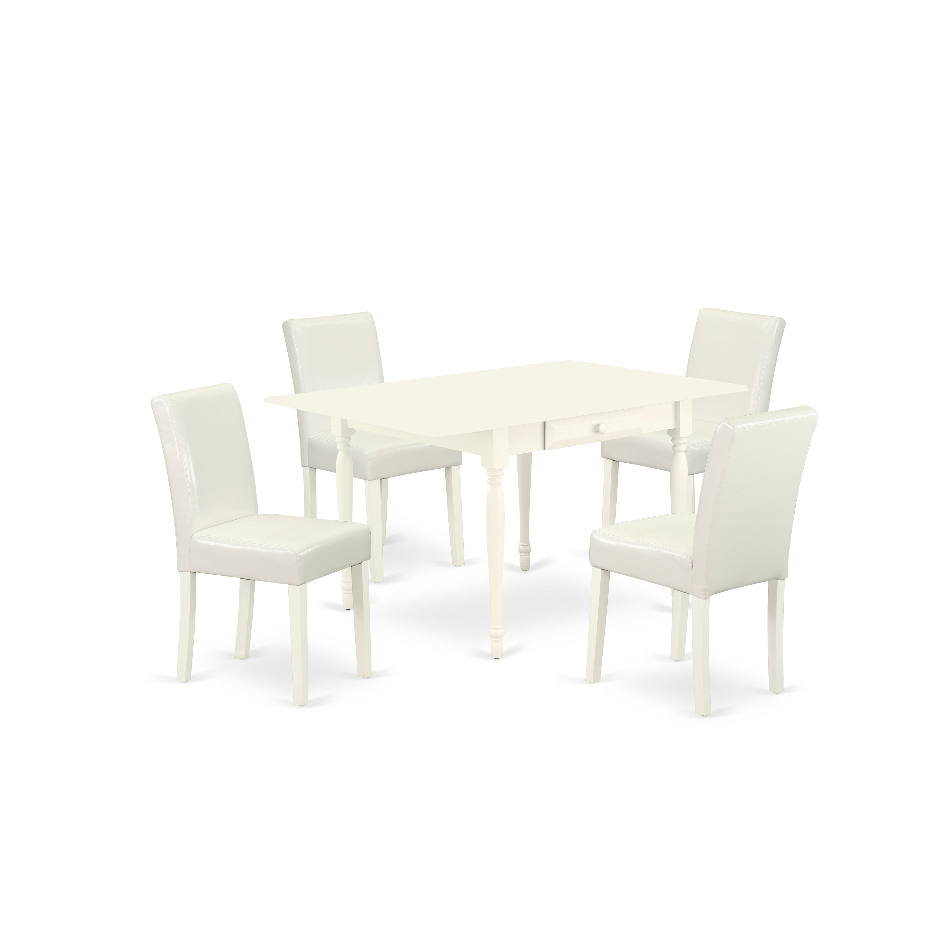 East West Furniture MZAB5-LWH-64 5Pc Wood Dining Table Set Consists of a Dining Table and 4 Parsons Dining Chairs with White Color PU Leather, Drop Leaf Table with Full Back Chairs, Linen White Finish
