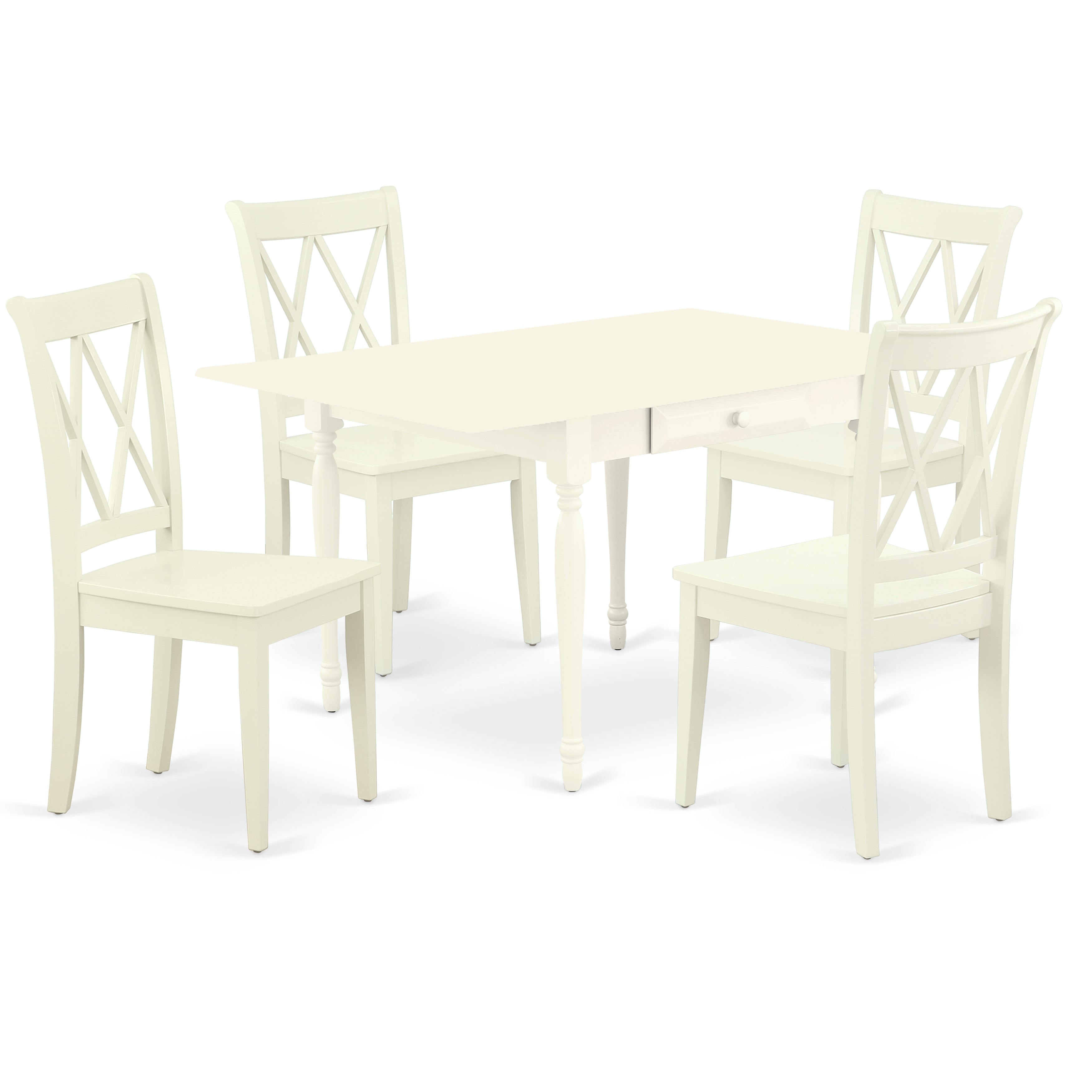 East West Furniture MZCL5-LWH-W 5Pc Kitchen Set Contains a Dinette Table and 4 Kitchen Chairs with Solid Wood Seat, Drop Leaf Table with Double X Back Chairs, Linen White Finish