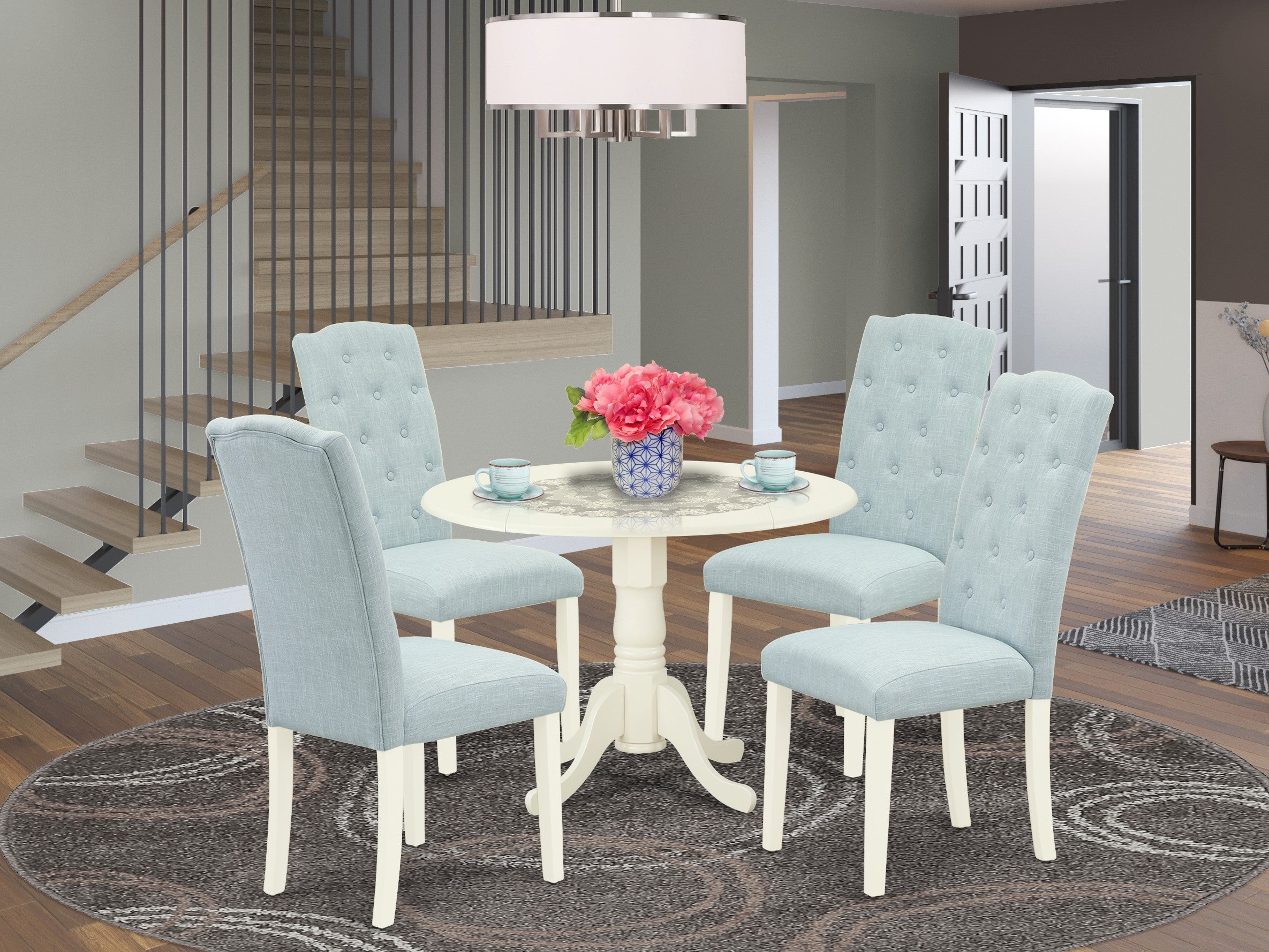 DLCE5-WHI-15 5Pc Dining Set Includes a Small Round Dinette Table with Drop Leaves and Four Parson Chairs with Baby Blue Fabric, White Finish