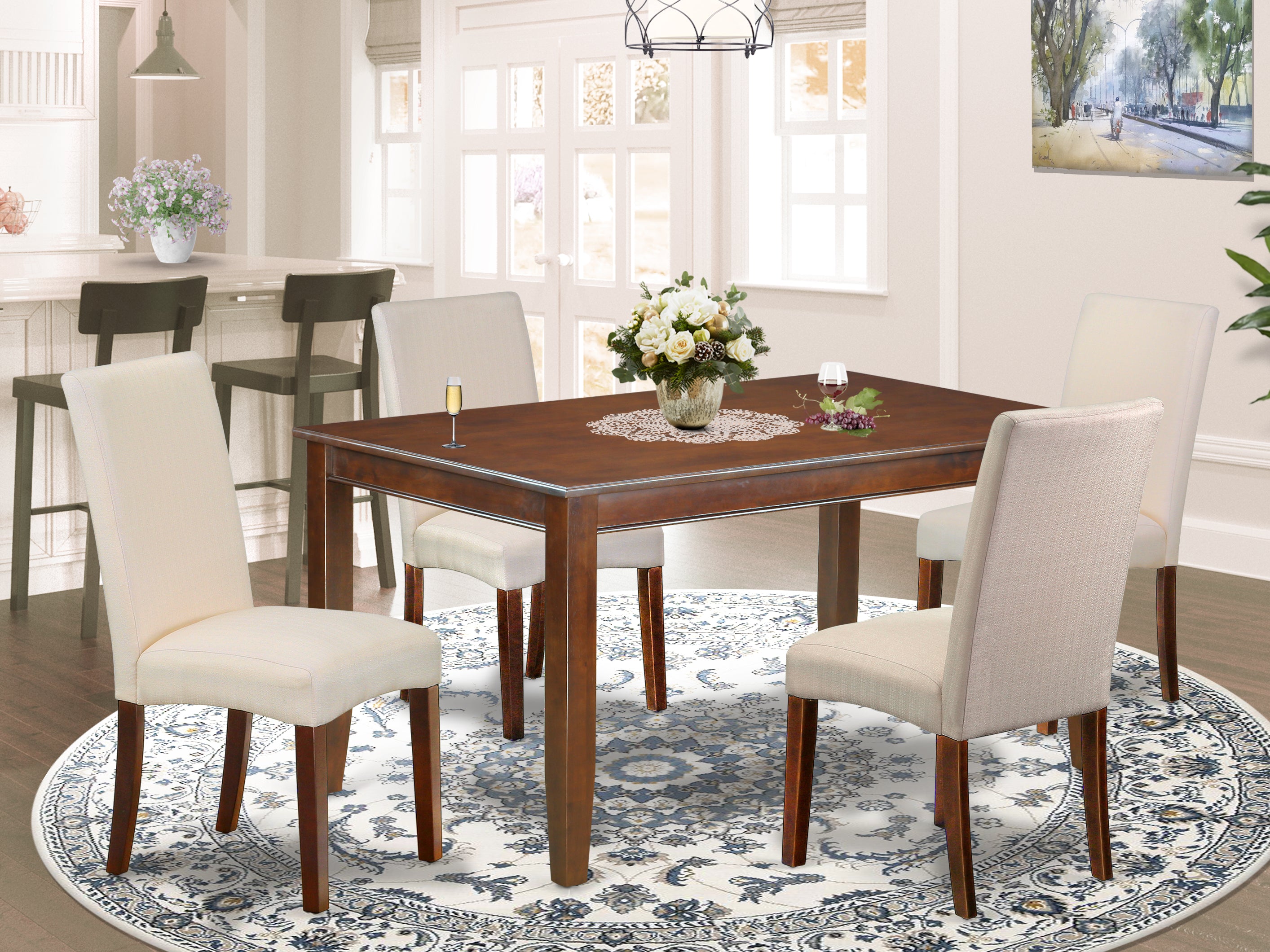 DUDR5-MAH-01 5Pc Rectangle 60 Inch Dining Table And Four Parson Chair With Mahogany Finish Leg And Linen Fabric- Cream Color
