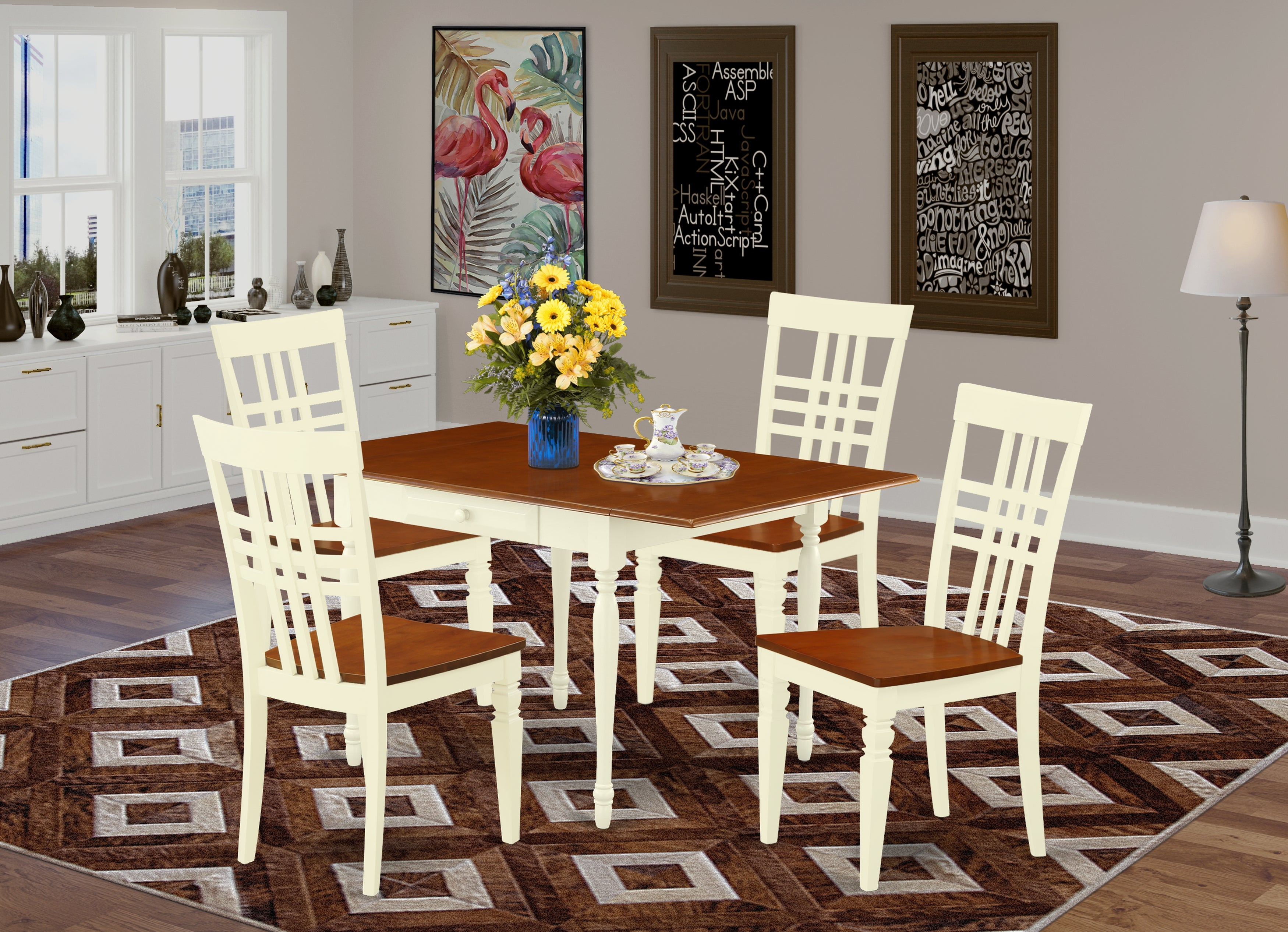 East West Furniture MZLG5-WHI-W 5 Pieces Kitchen Table set - Strong Drop Leaf Wooden Dining Room Table and 4 Solid Wood Seat Dining Room Chairs, Buttermilk and Cherry Finish