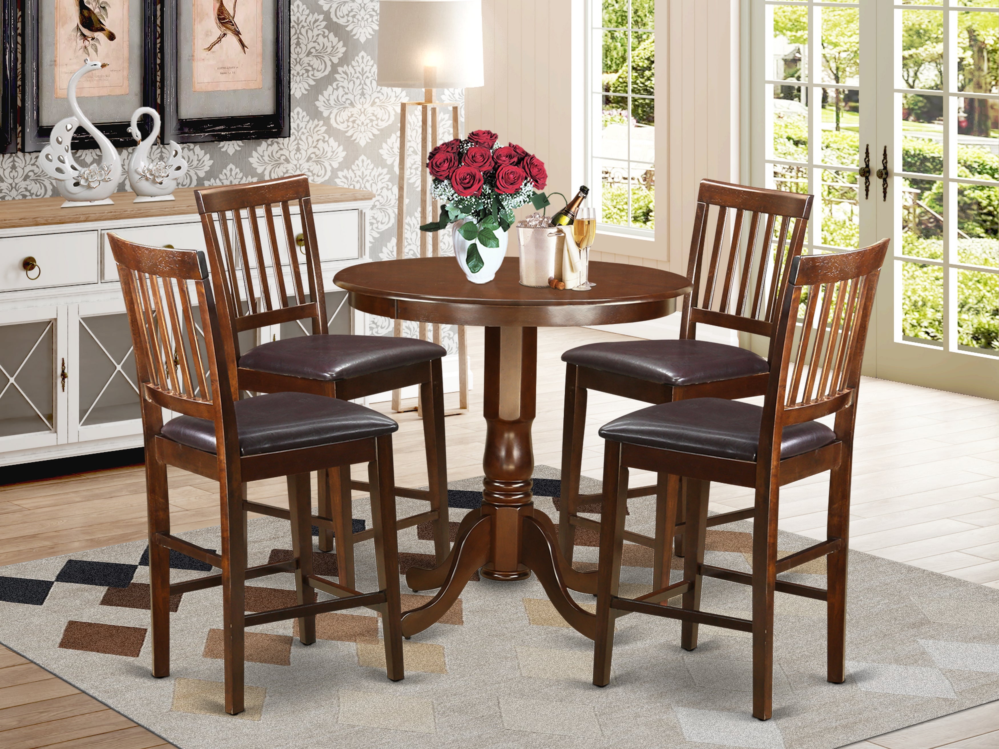 JAVN5-MAH-LC 5 Pc pub Table set - high Table and 4 bar stools with backs.