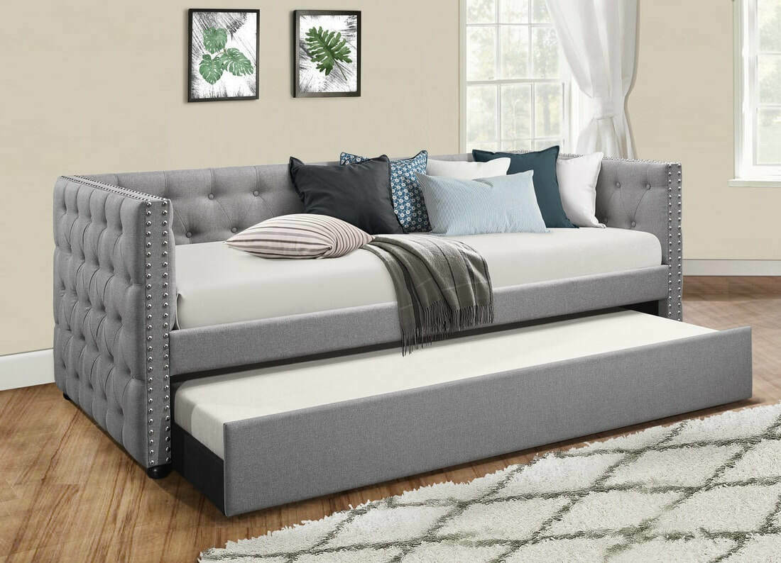 Grey tufted Linen Fabric Upholstered Twin Size Day Bed with Trundle