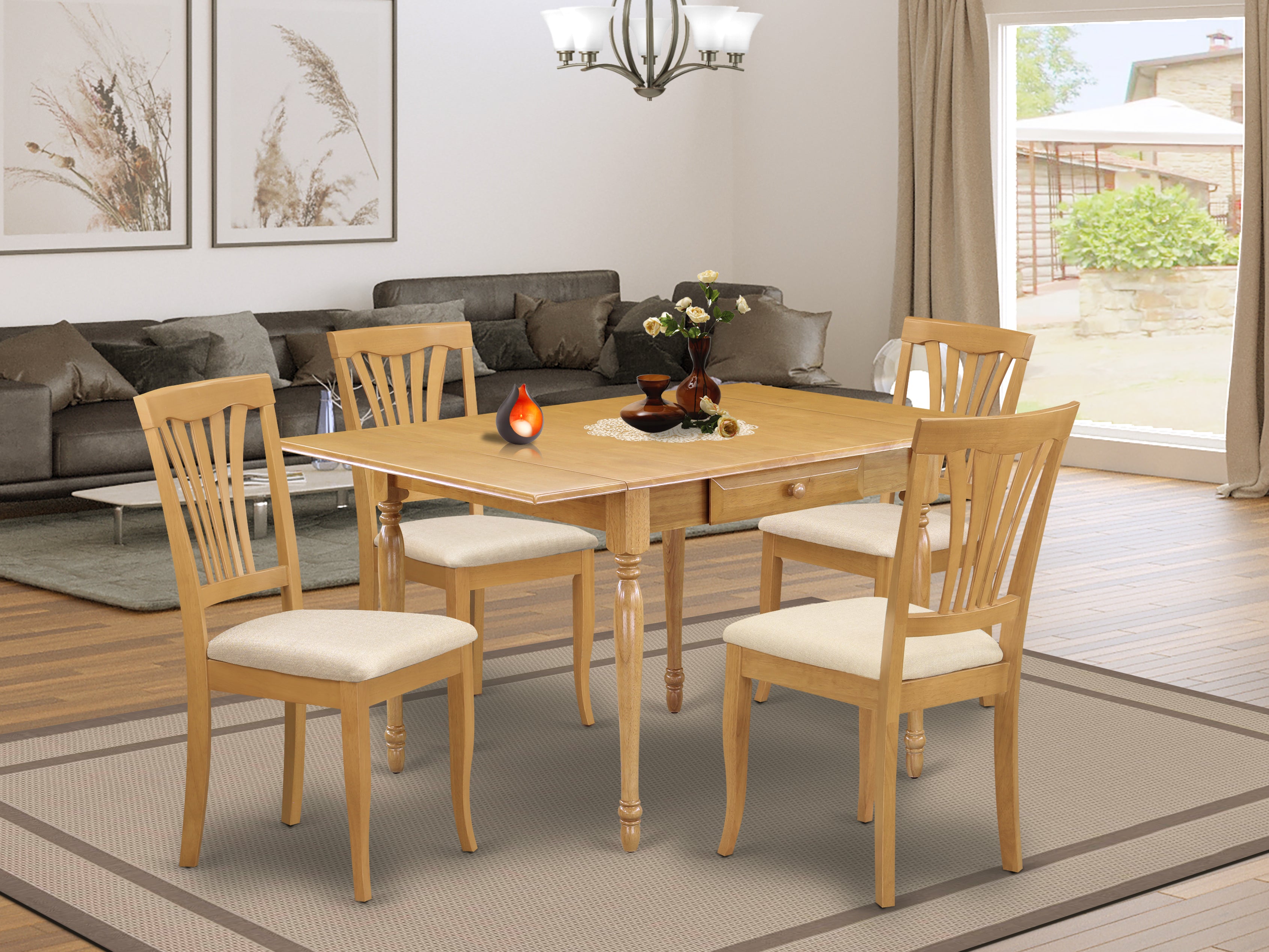 East West Furniture MZAV5-OAK-C 5Pc Wood Dining Table Set Consists of a Small Table and 4 Wood Dining Chairs with Microfiber Upholstery Seat, Drop Leaf Table with Slat Back Chairs, Oak Finish