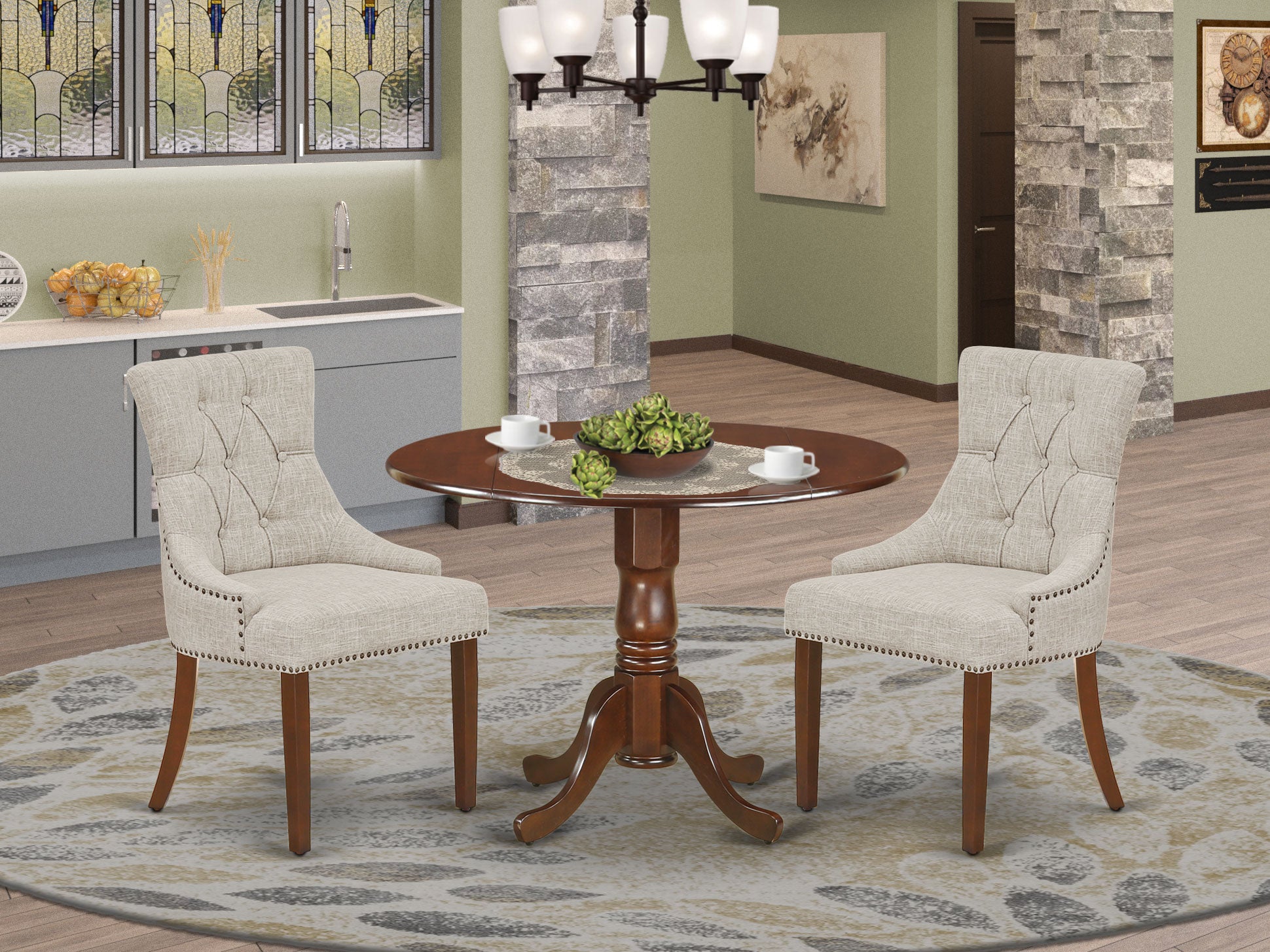 DLFR3-MAH-05 3Pc Dinette Set Includes a Rounded Kitchen Table with Drop Leaves and Two Parson Chairs with Doeskin Fabric, Mahogany Finish