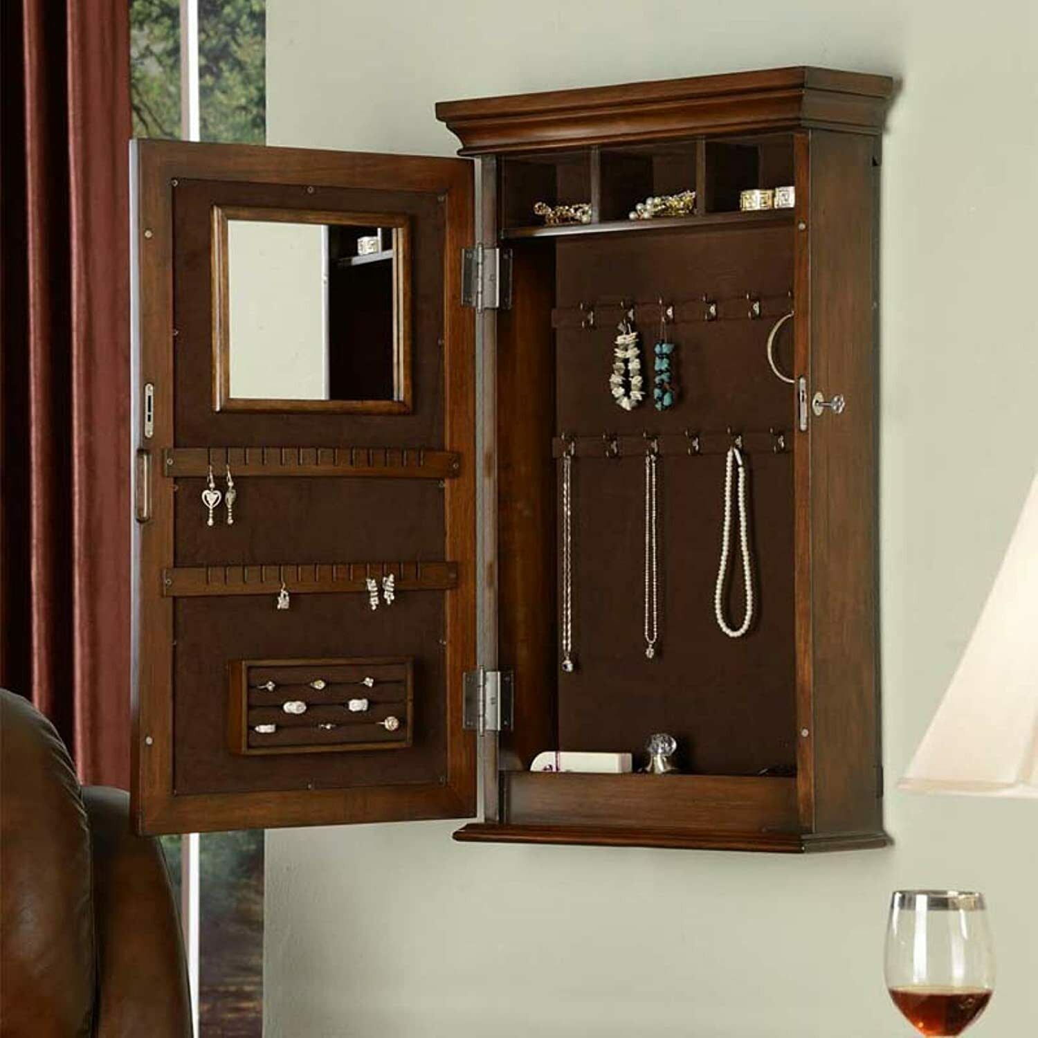 Morris Lockable Wall-Mount Jewelry Armoire / Mirror Multiple Compartments Coffee