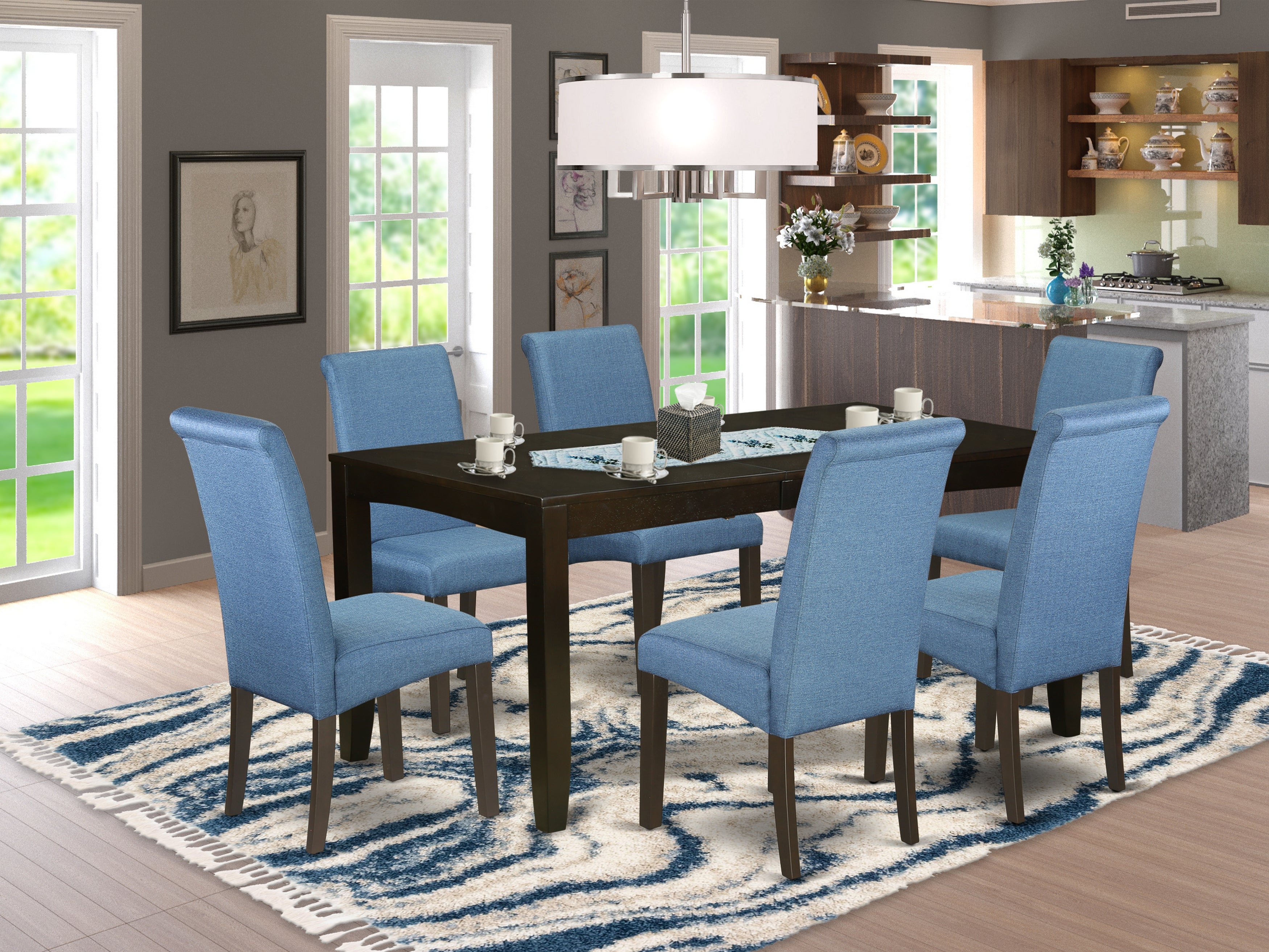 LYBA7-CAP-21 7Pc Kitchen table with linen Blue fabric Parson chairs with cappuccino chair legs
