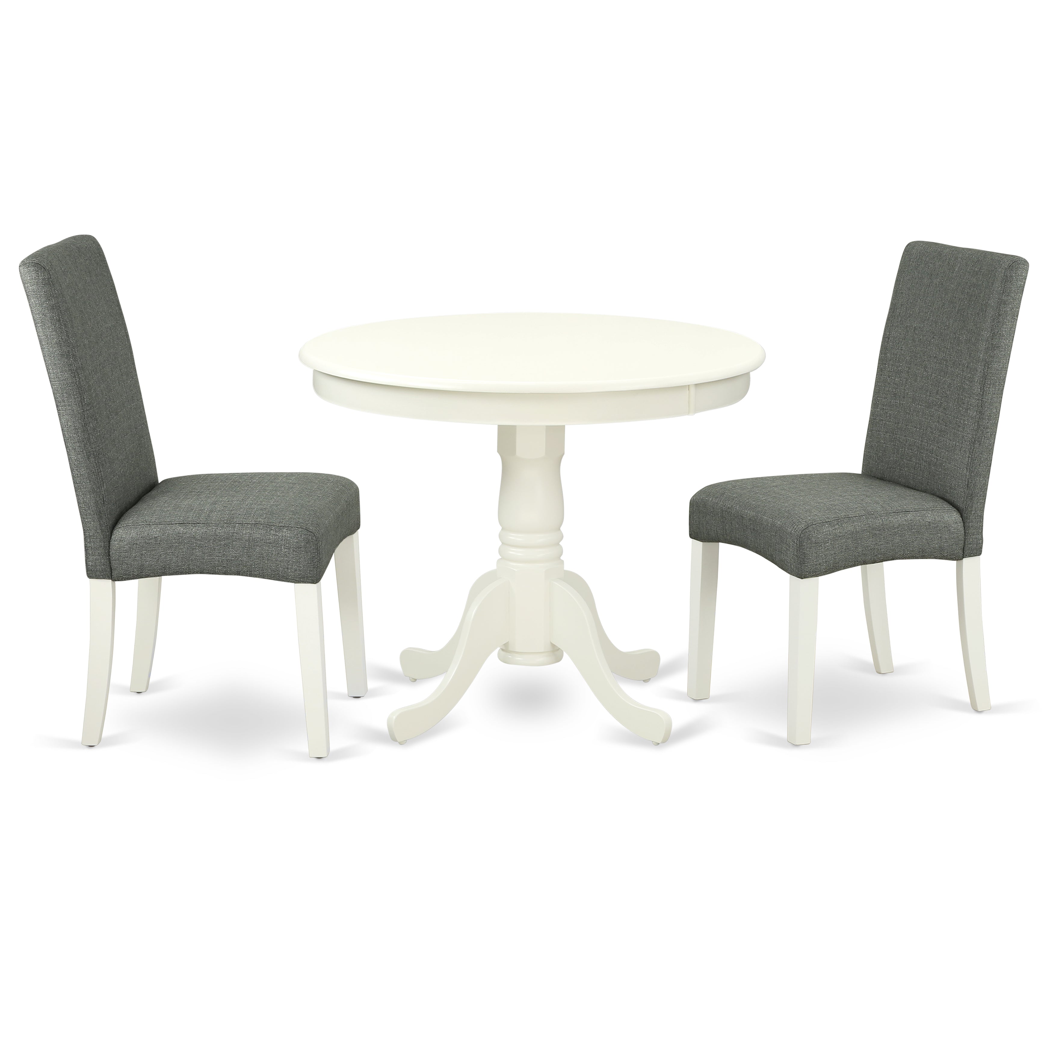 ANDR3-LWH-07 3Pc Round 36" Table And A Pair Of Parson Chair With Linen White Finish Leg And Linen Fabric- Gray Color