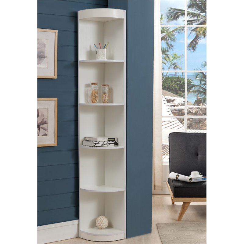 Maleena Contemporary Wood 5-Shelf Corner Bookcase in White