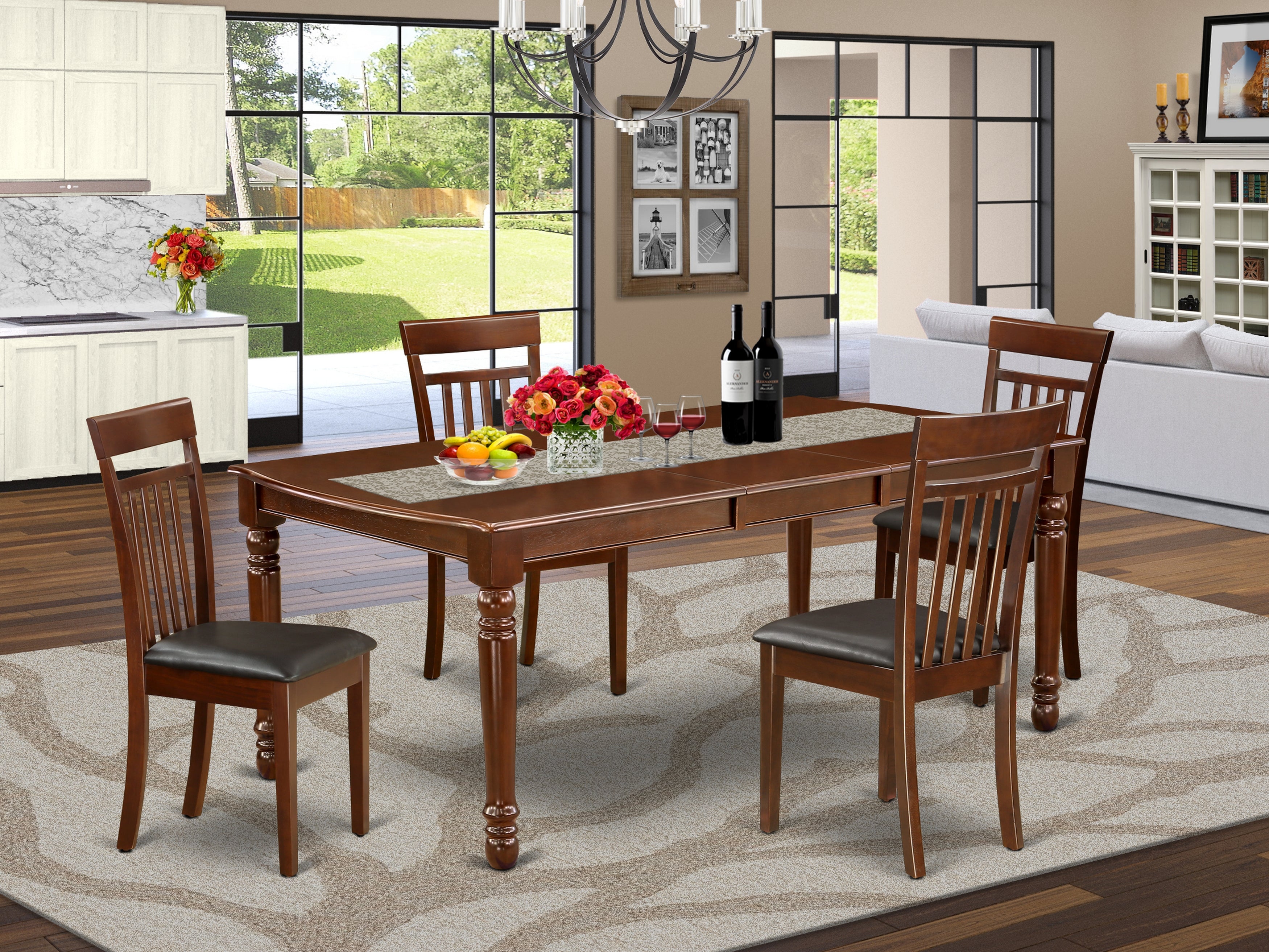 DOCA5-MAH-LC 5Pc Rectangular 60/78" Kitchen Table With 18 In Leaf And Four Kitchen Faux Leather Seat Chairs