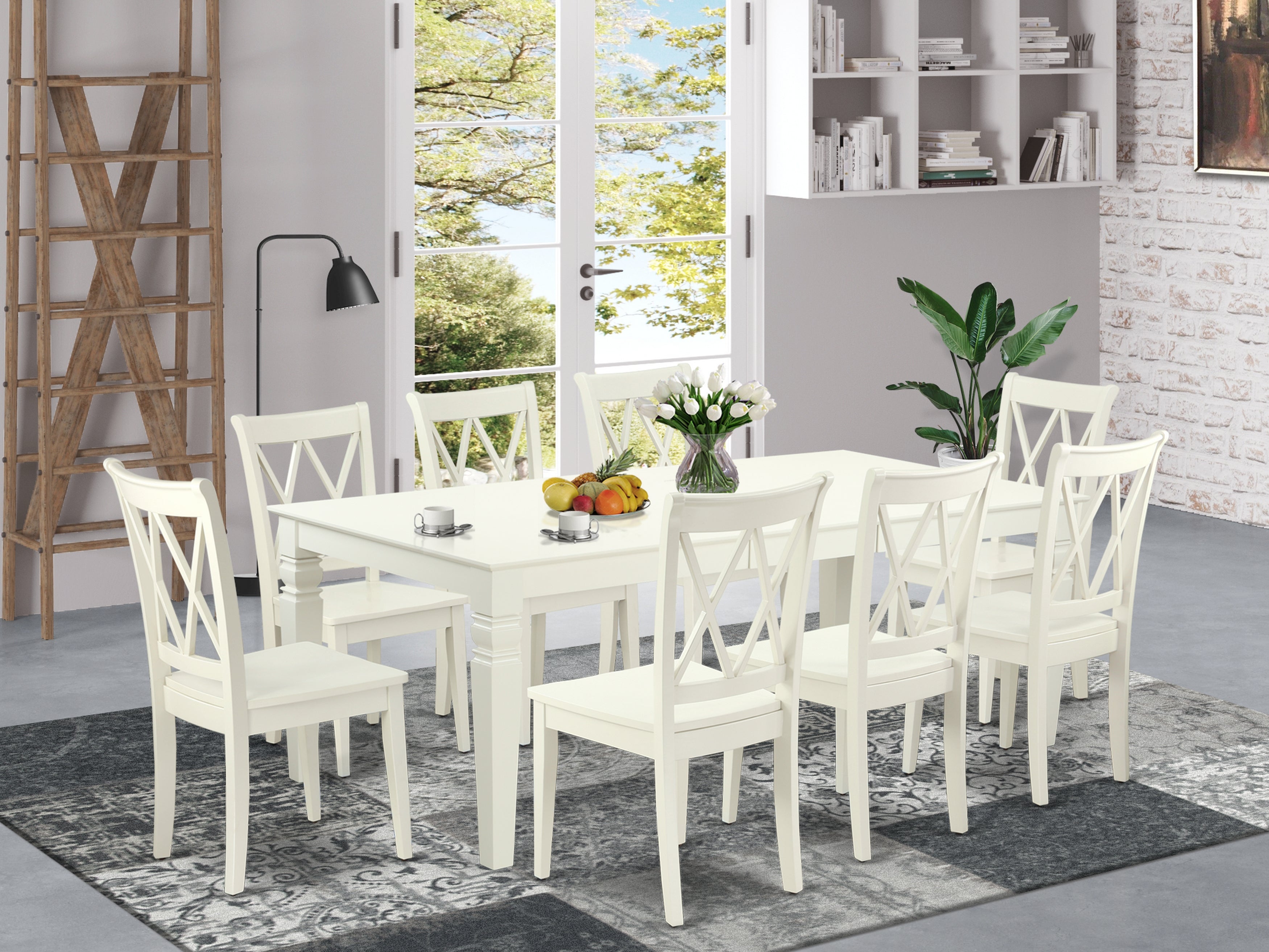 LGCL9-LWH-W 9PC Rectangular 66/84 inch Table with 18 In Leaf and 8 Double X back Chairs