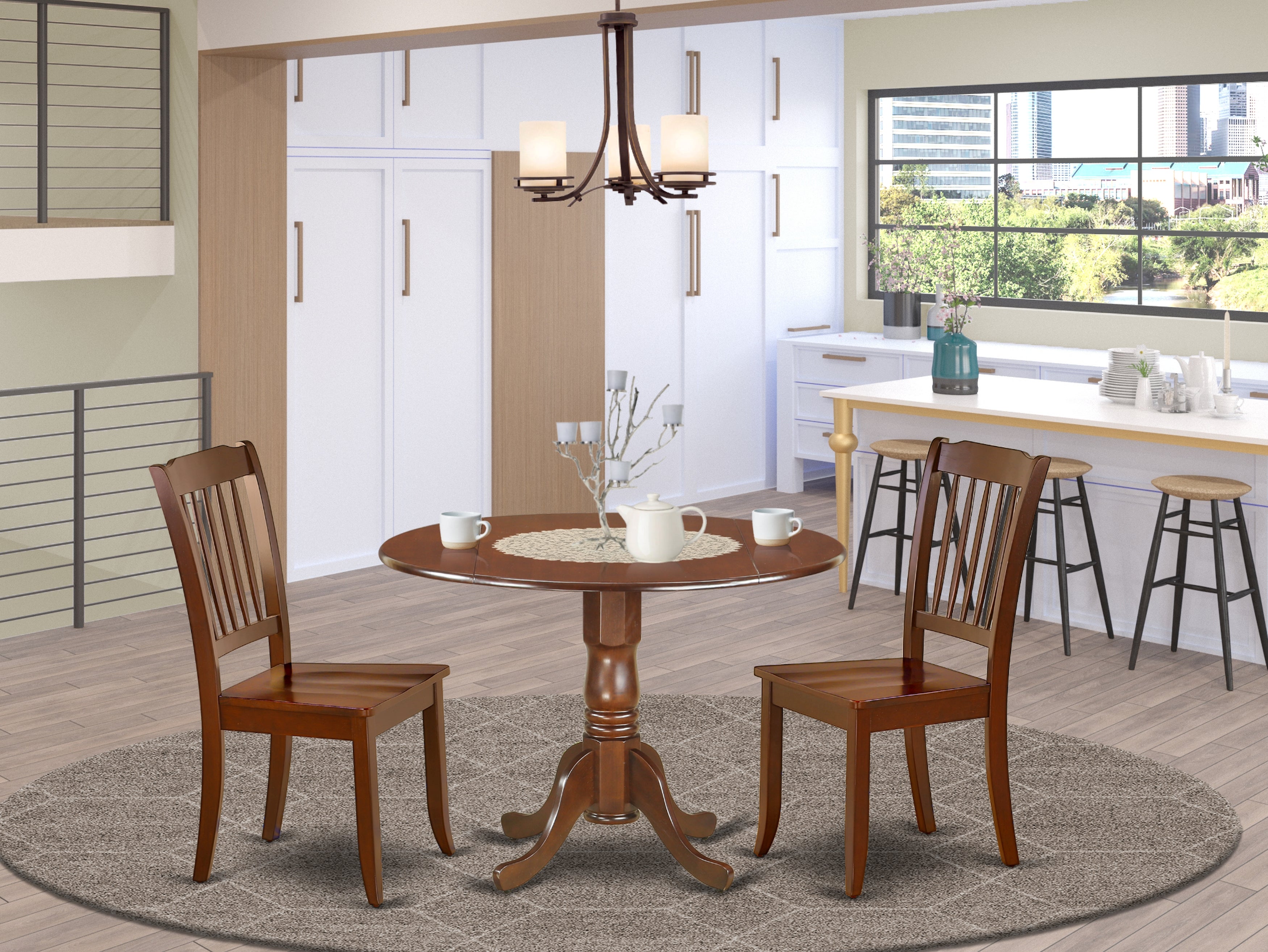 DLDA3-MAH-W 3PC Round 42 inch Table with Two 9-Inch Drop Leaves and 2 vertical slatted Chairs
