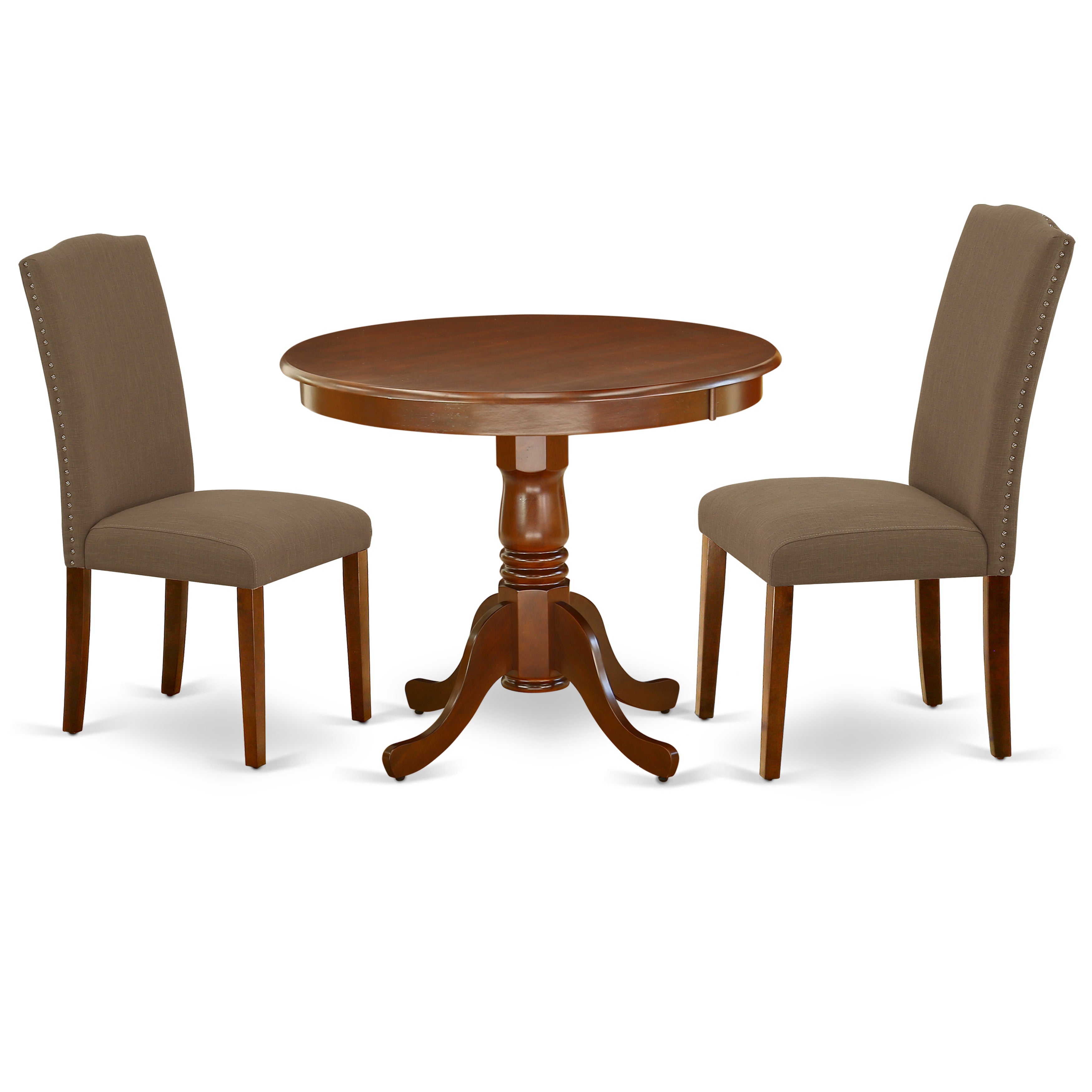 ANEN3-MAH-18 3Pc Rounded 36 Inch Dining Table And 2 Parson Chair With Mahogany Leg And Linen Fabric Dark Coffee