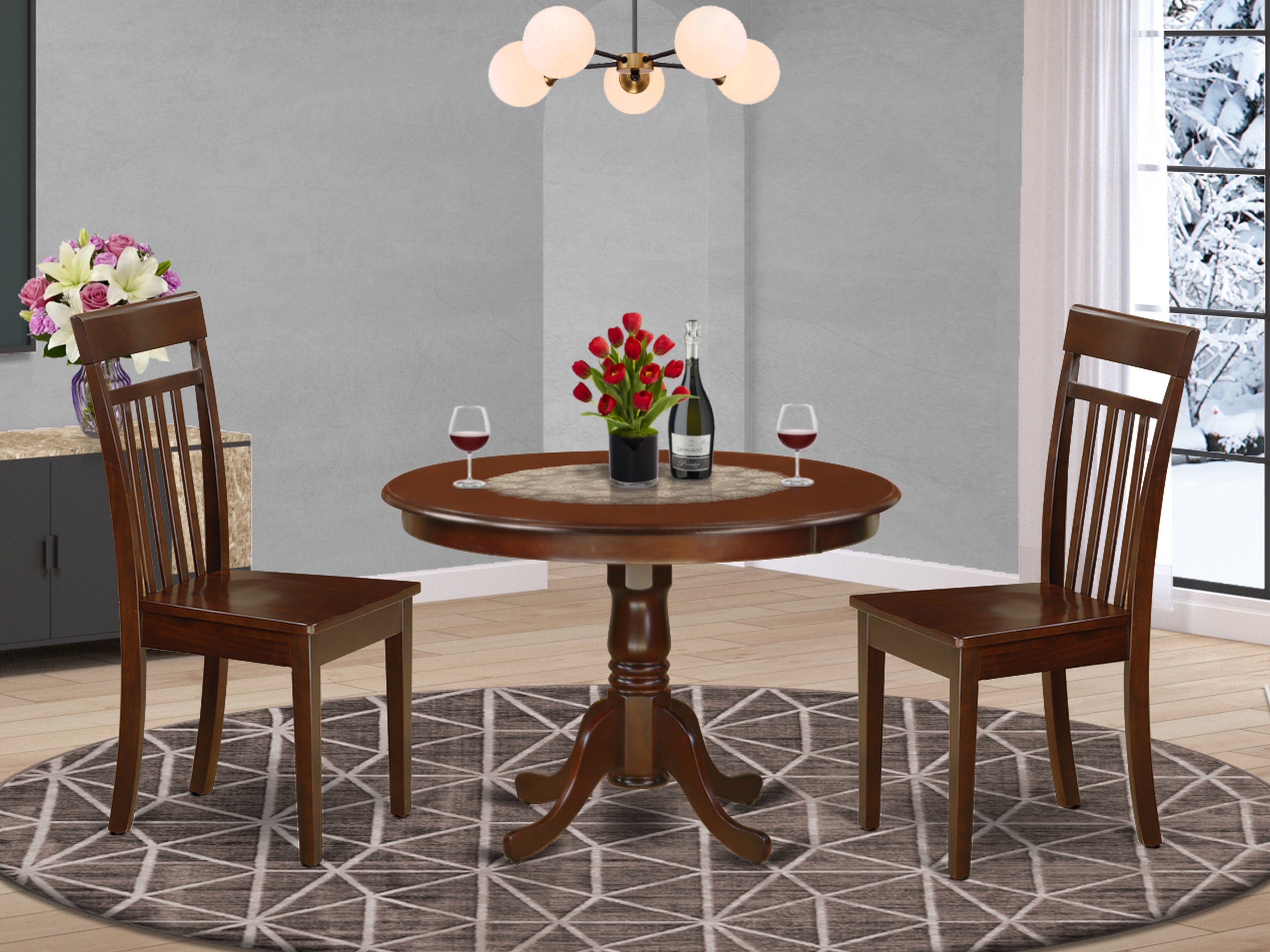 HLCA3-MAH-W 3 Pc set with a Round Dinette Table and 2 Leather Kitchen Chairs in Mahogany