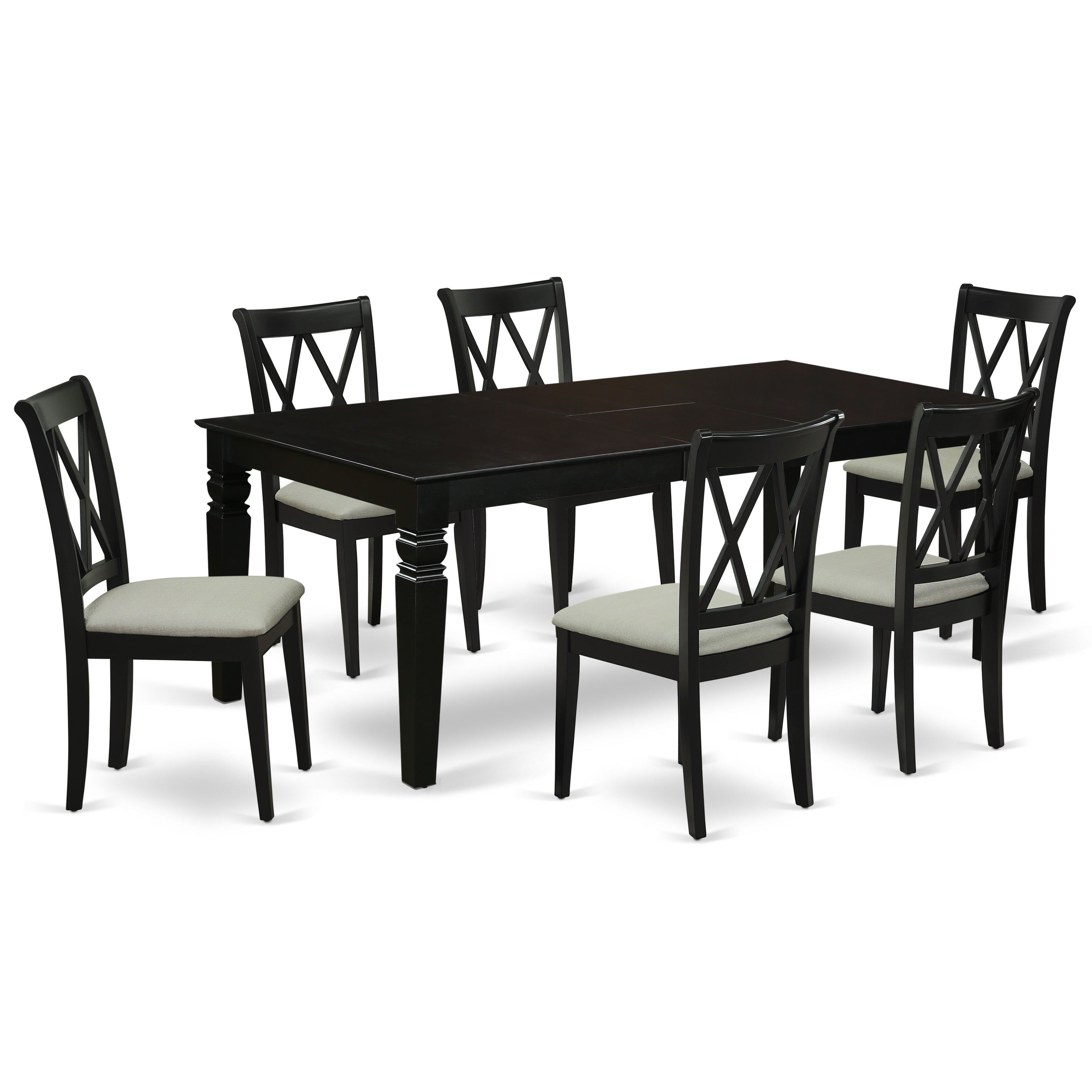 LGCL7-BLK-C 7Pc Dinette Set Includes a Rectangular Kitchen Table with Butterfly Leaf and Six Double X Back Microfiber Seat Dining Chairs, Black Finish
