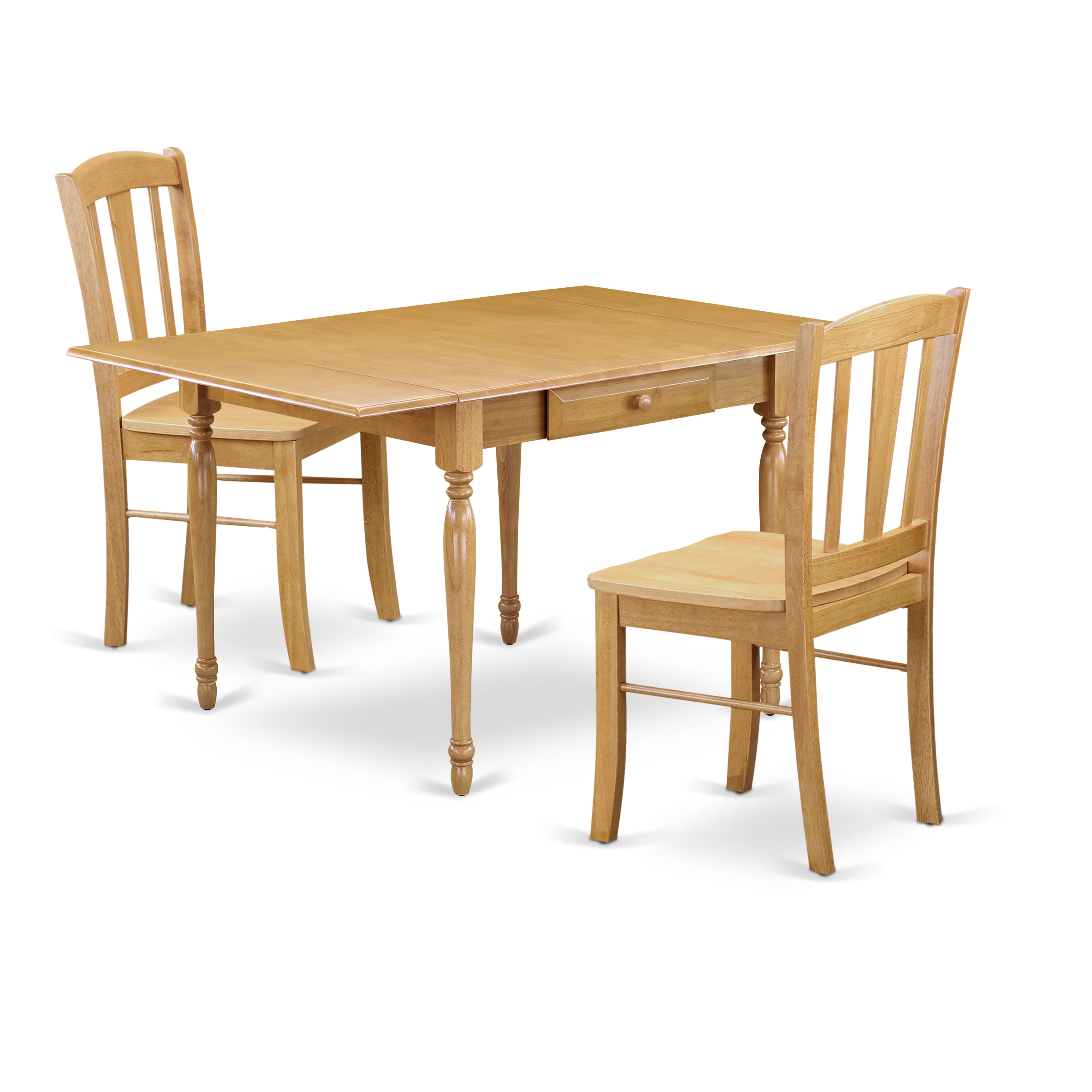 East West Furniture MZDL3-OAK-W 3Pc Dining Table Set Consists of a Dining Room Table and 2 Modern Dining Chairs with Wooden Seat, Drop Leaf Table with Panel Back Chairs, Oak Finish