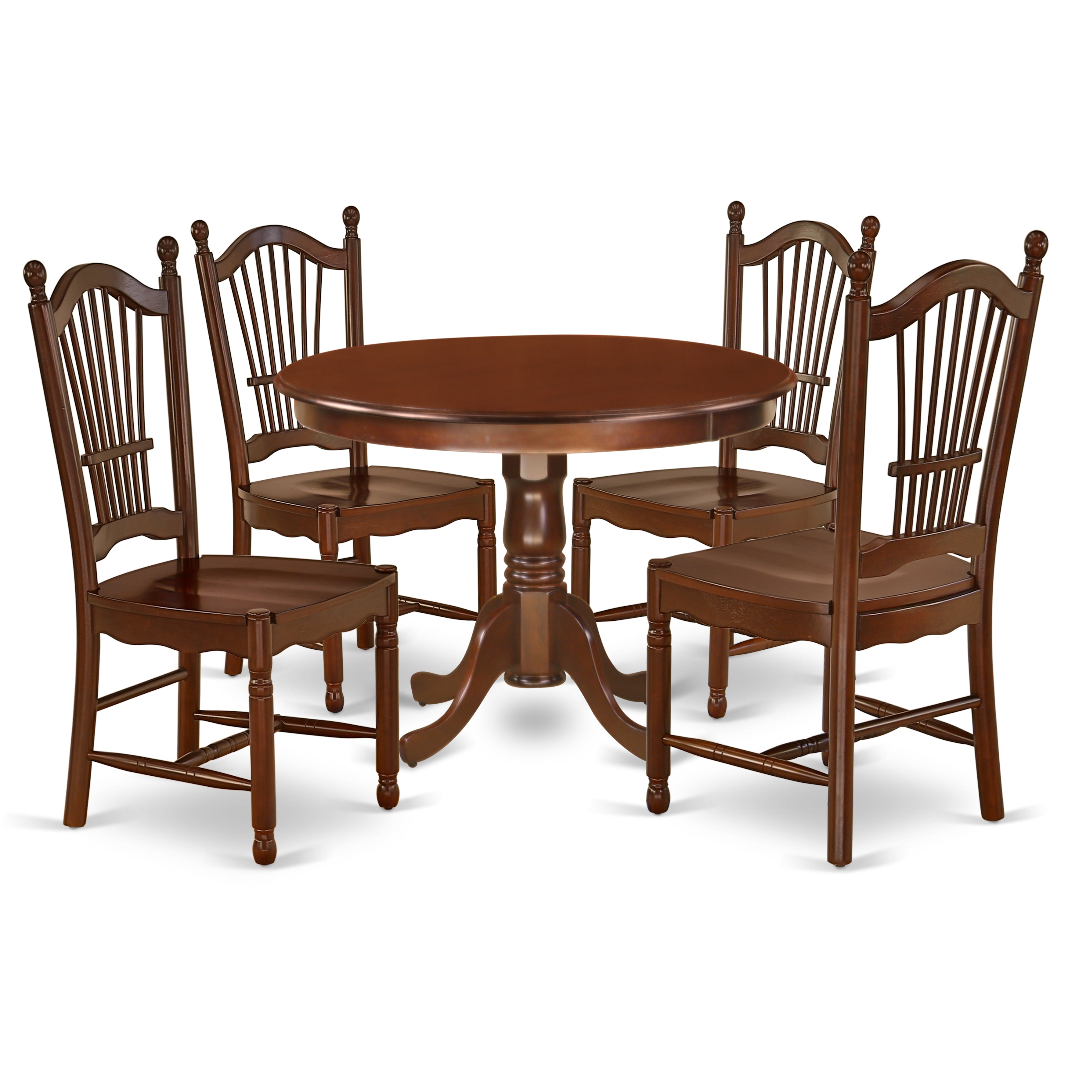 HLDO5-MAH-W 5Pc Rounded 42" Dinner Table And Four Wood Seat Chairs