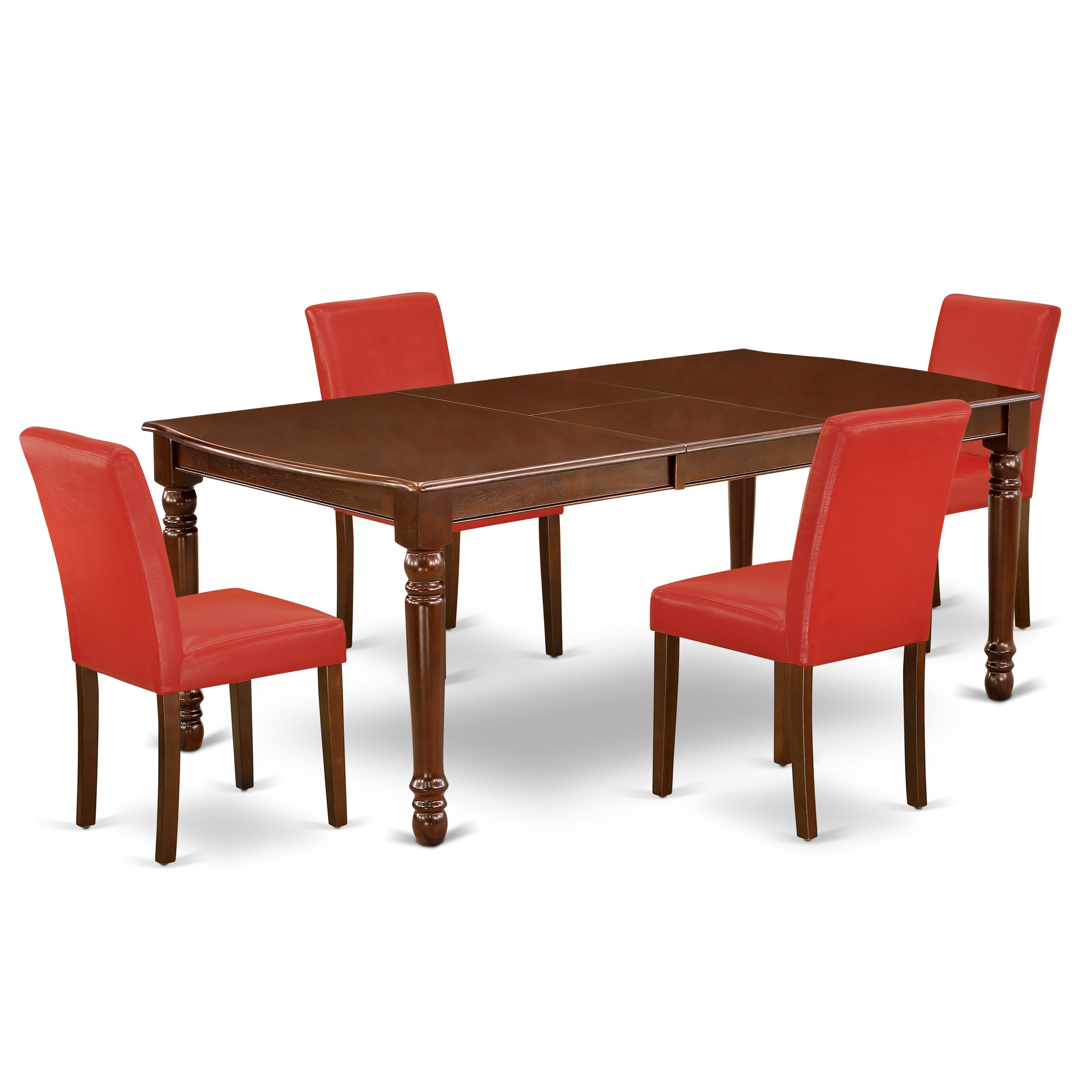 DOAB5-MAH-72 5Pc Rectangular 60/78" Table With 18 In Leaf And Four Parson Chair With Mahogany Leg And Pu Leather Color Firebrick Red
