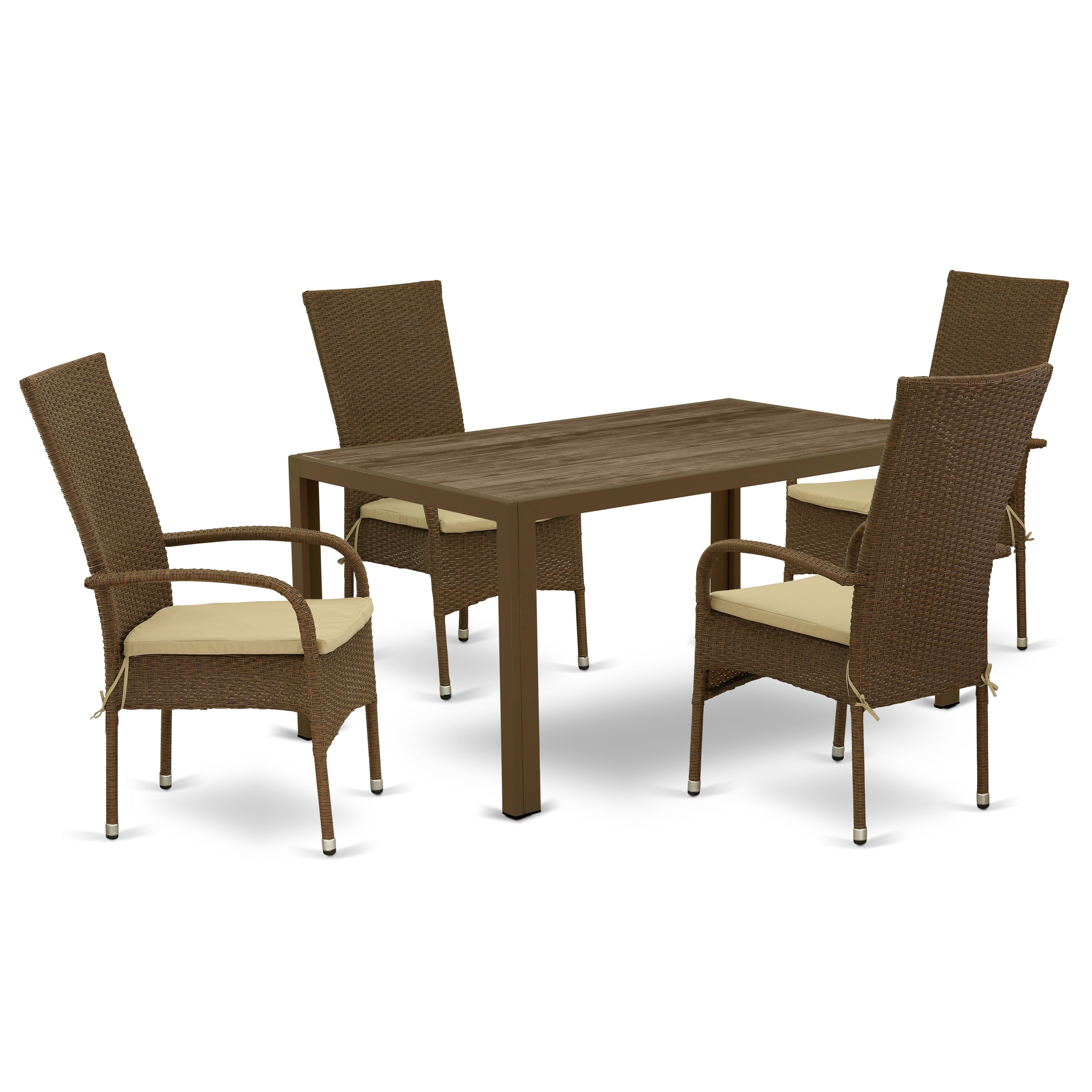 JUOS5-02A 5Pc Outdoor-Furniture Brown Wicker Dining Set Includes a Patio Table and 4 Balcony Backyard Armchair with Linen Fabric Cushion
