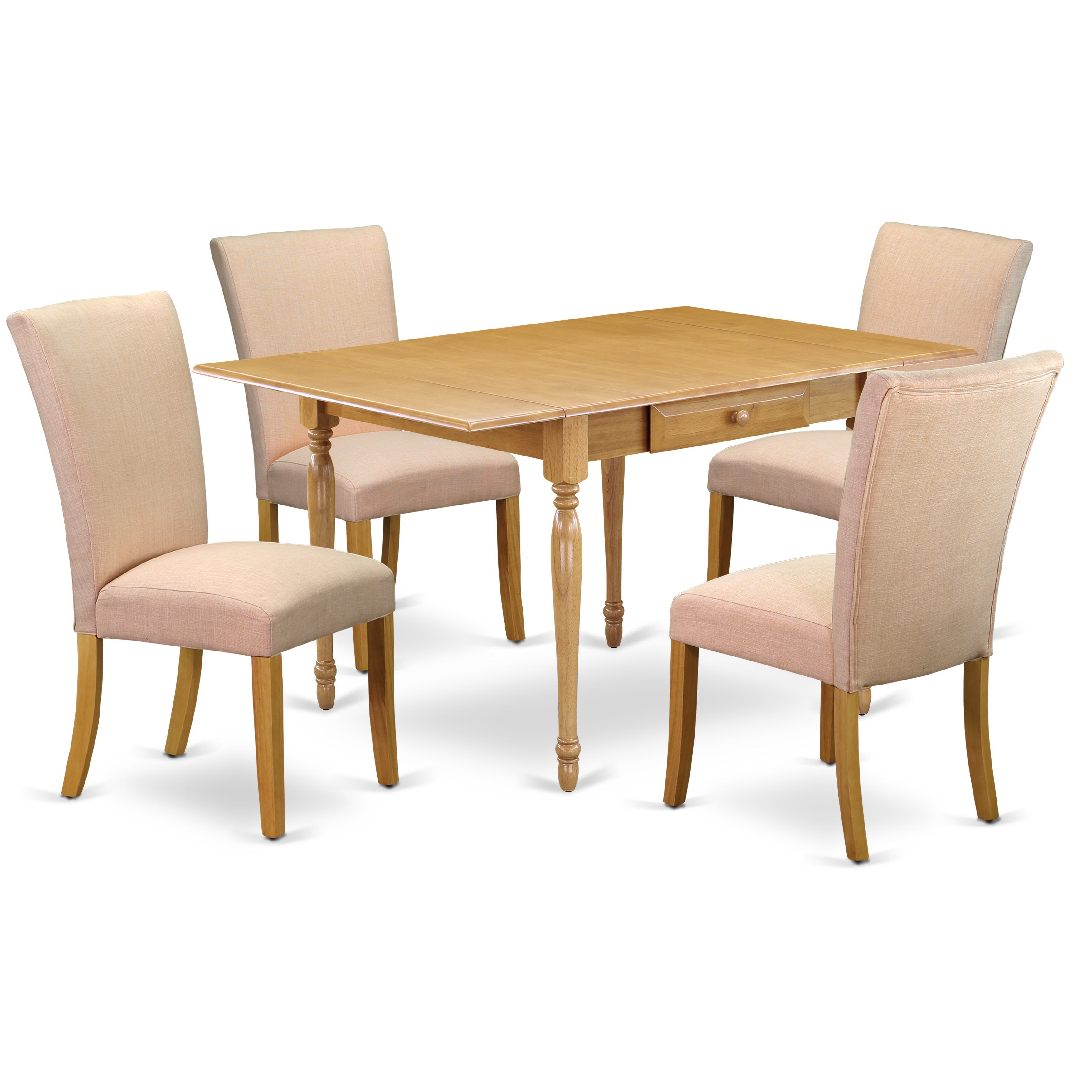 East West Furniture MZAL5-OAK-03 5Pc Dining Table Set Includes a Kitchen Table and 4 Parsons Chairs with Dove Beige Color Linen Fabric, Drop Leaf Table with Full Back Chairs, Oak Finish