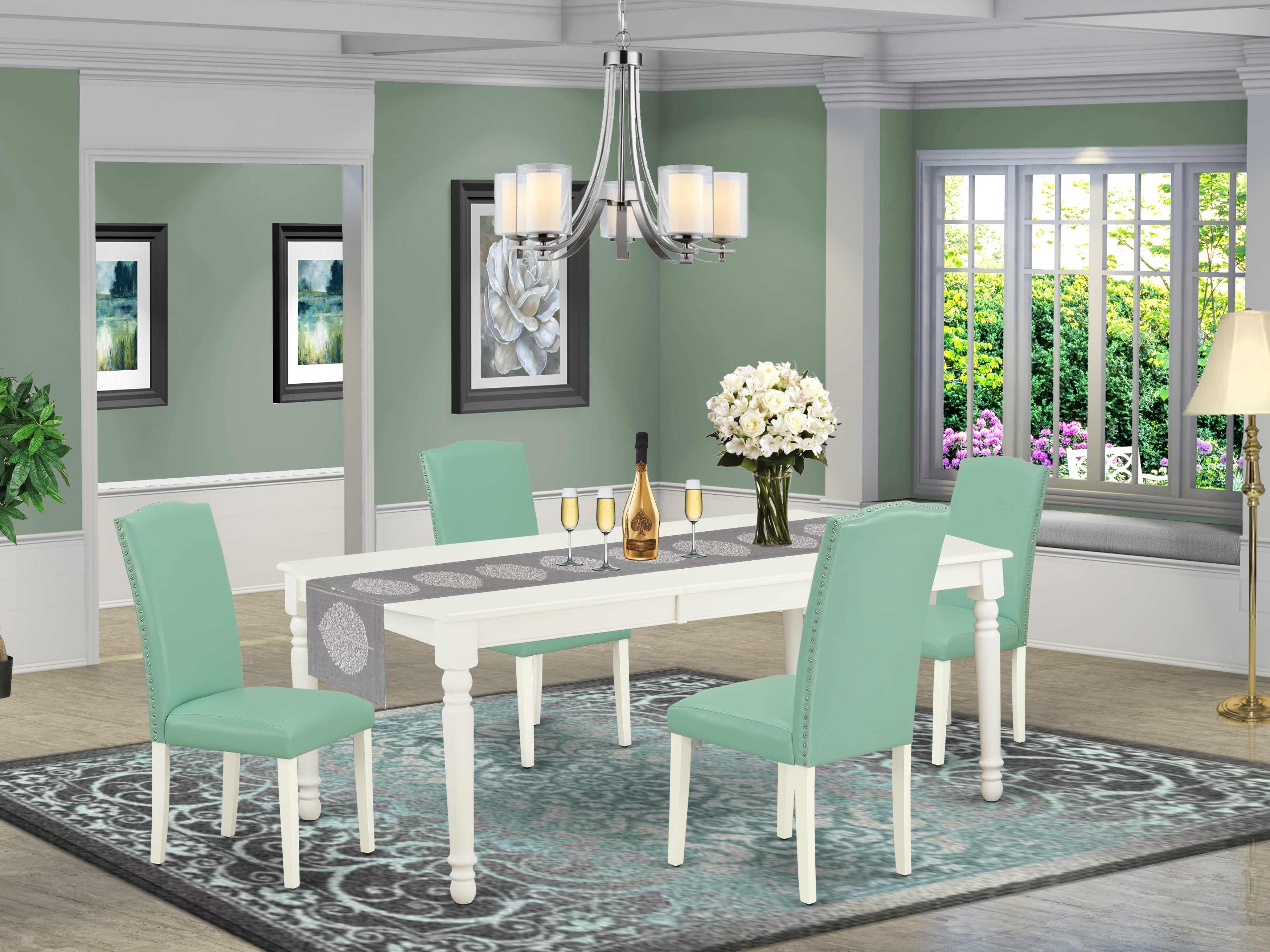 DOEN5-LWH-57 5Pc Rectangular 60/78" Table With 18 In Leaf And Four Parson Chair With Linen White Leg And Pu Leather Color Pond