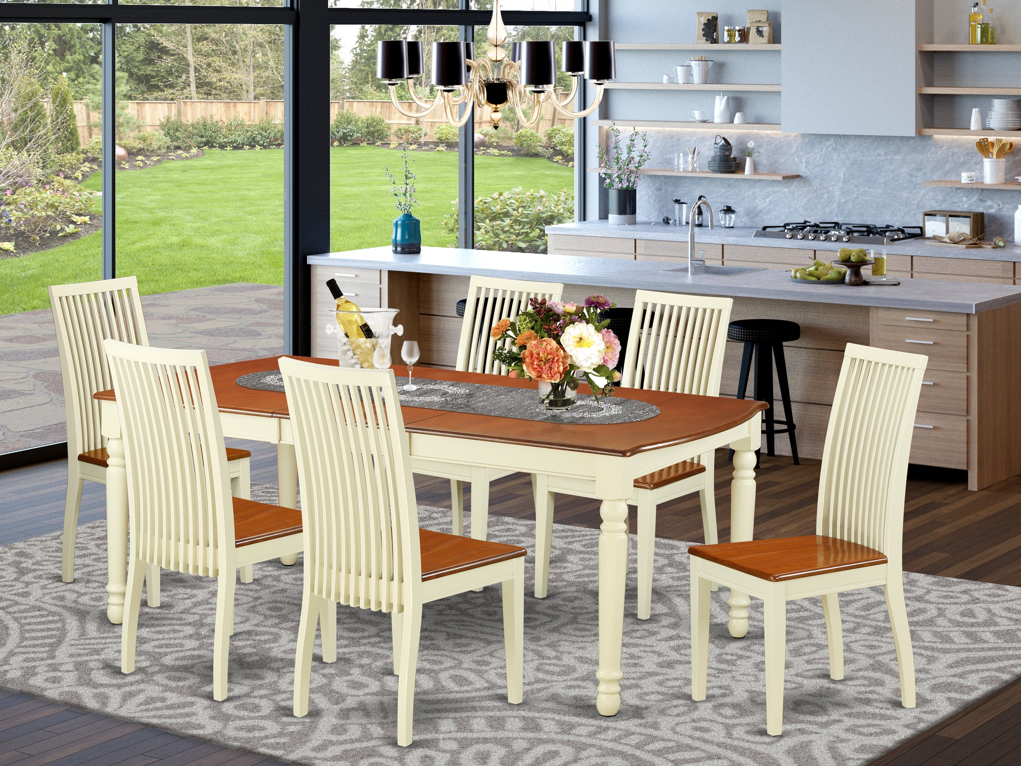 DOIP7-BMK-W 7-Piece table and chair set with one Dover dining room table and 6 dining room chairs in a Buttermilk and Cherry Finish