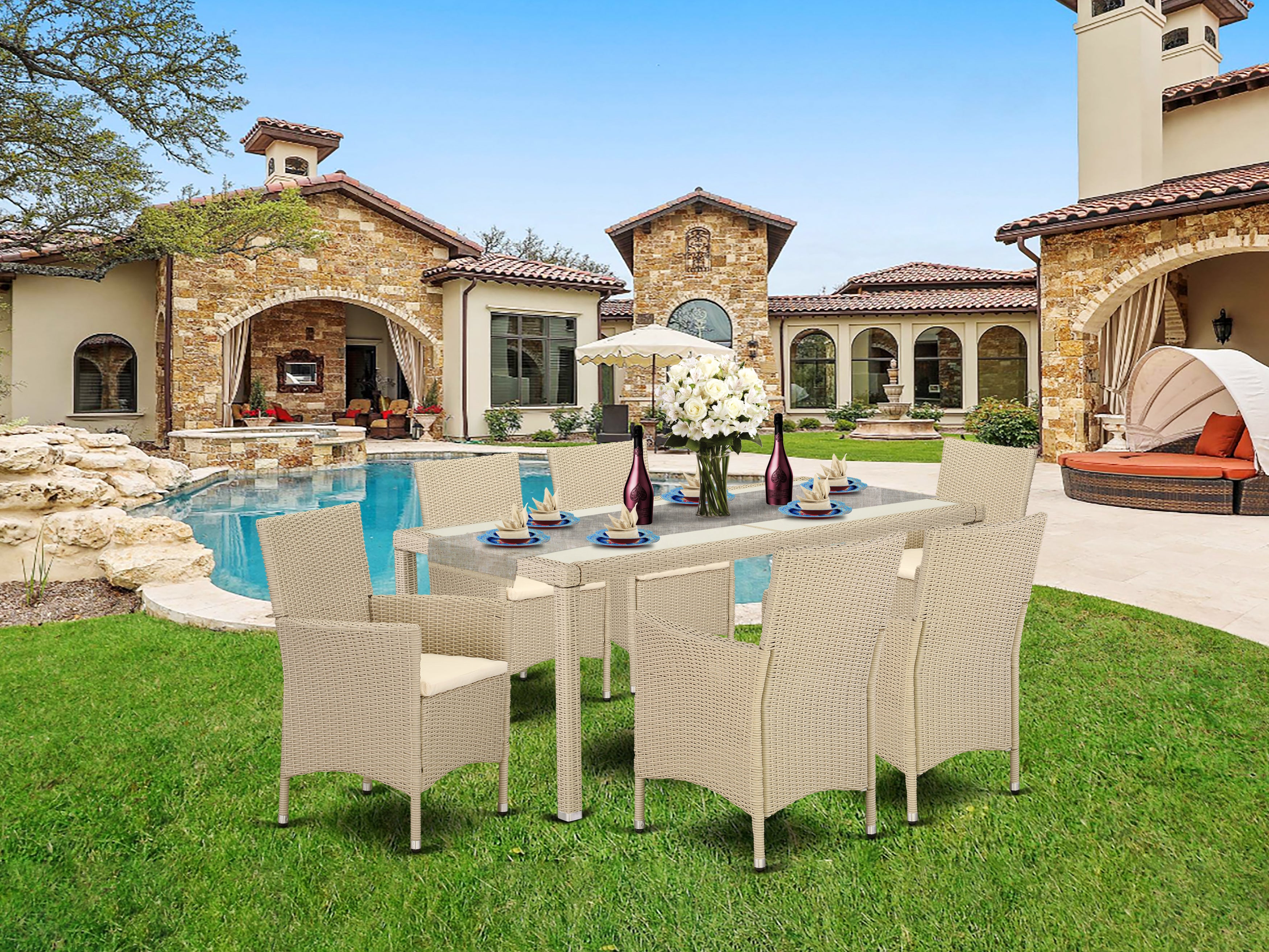 LUVL7-53V 7 pc Outdoor-Furniture Wicker Backyard Dining Set for 6 in Cream Finish