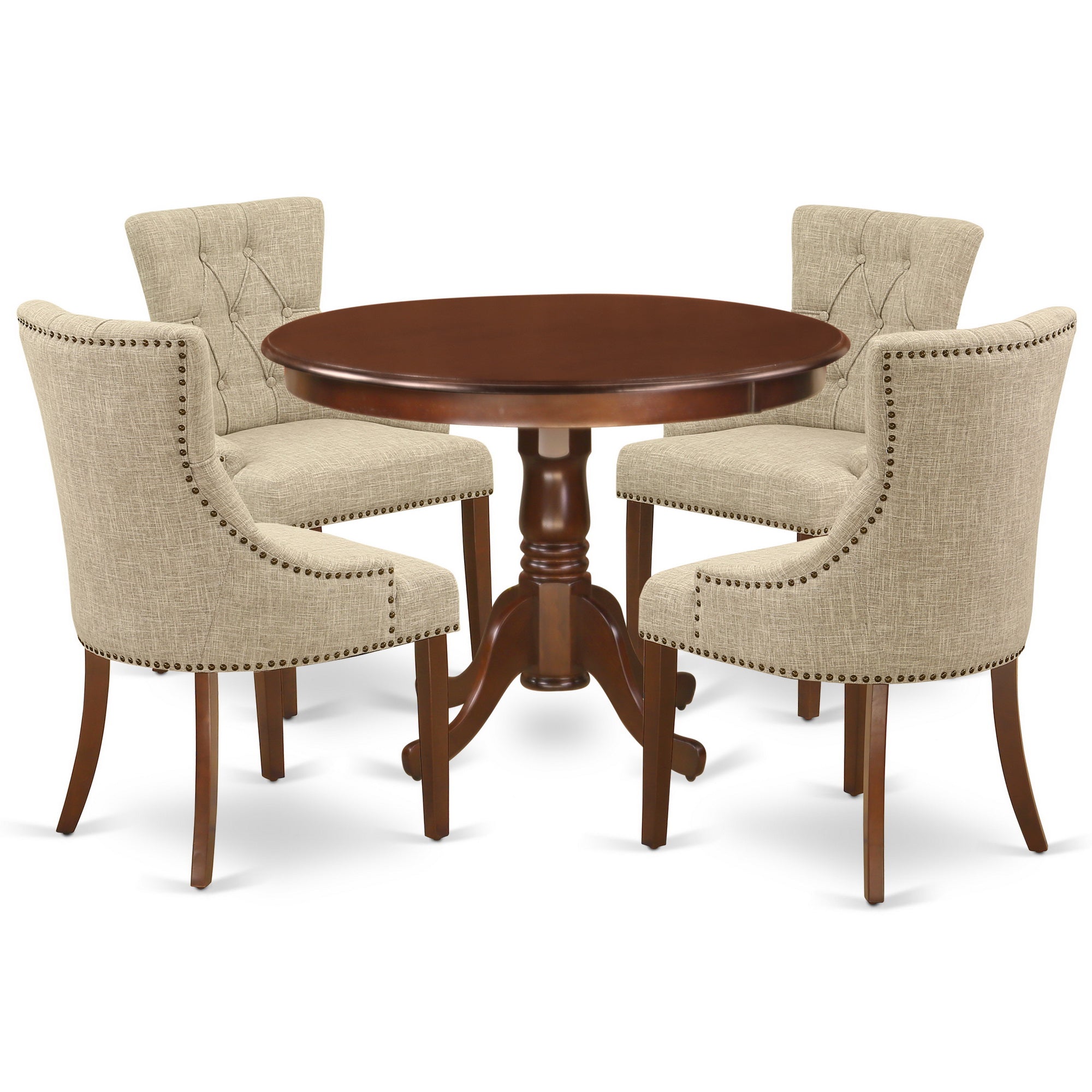 HLFR5-MAH-05 5Pc Dining Set Includes a Round Dinette Table and Four Parson Chairs with Doeskin Fabric, Mahogany Finish