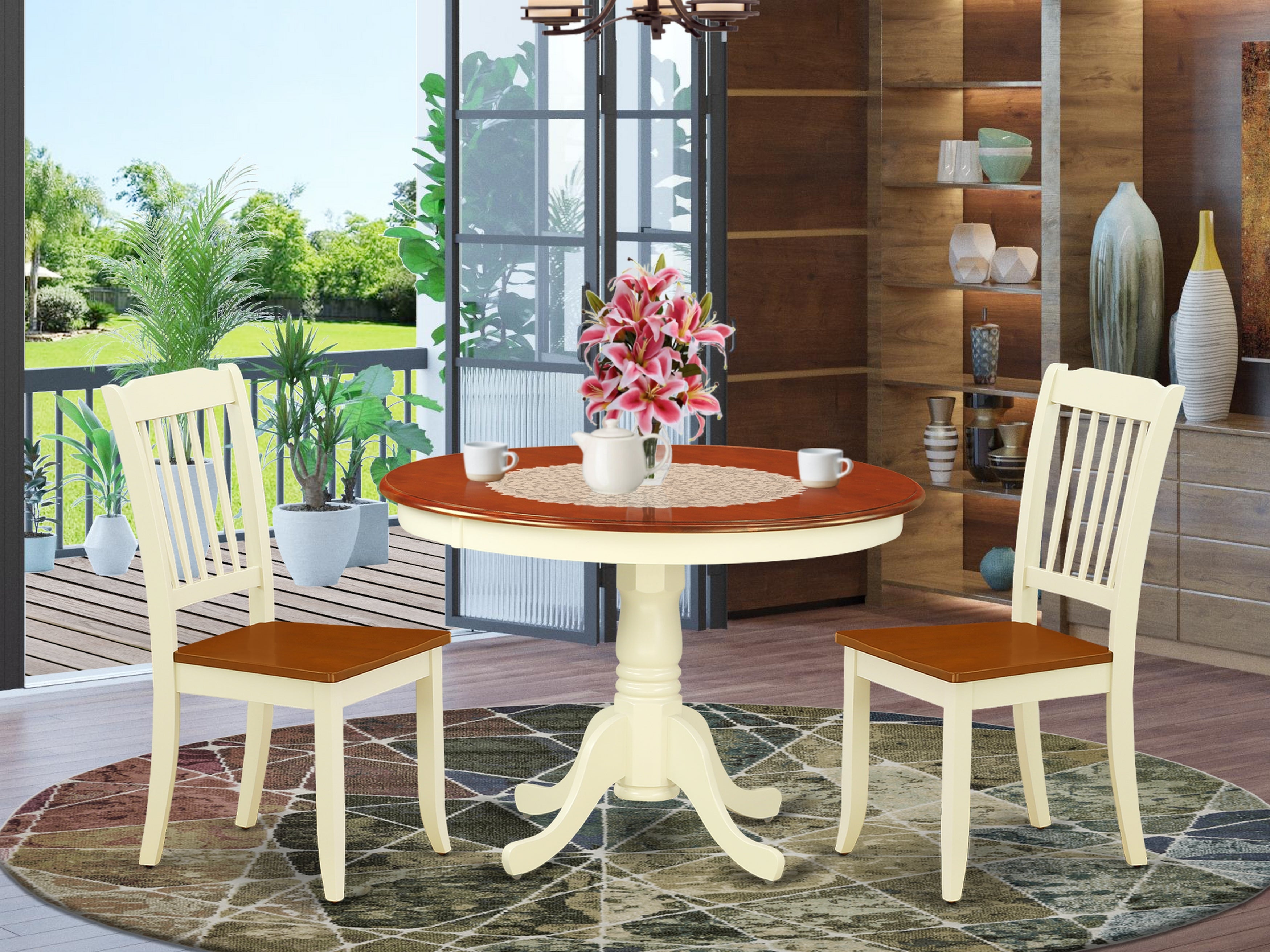 HLDA3-BMK-W 3PC Round 42 inch Table and 2 vertical slatted Chairs