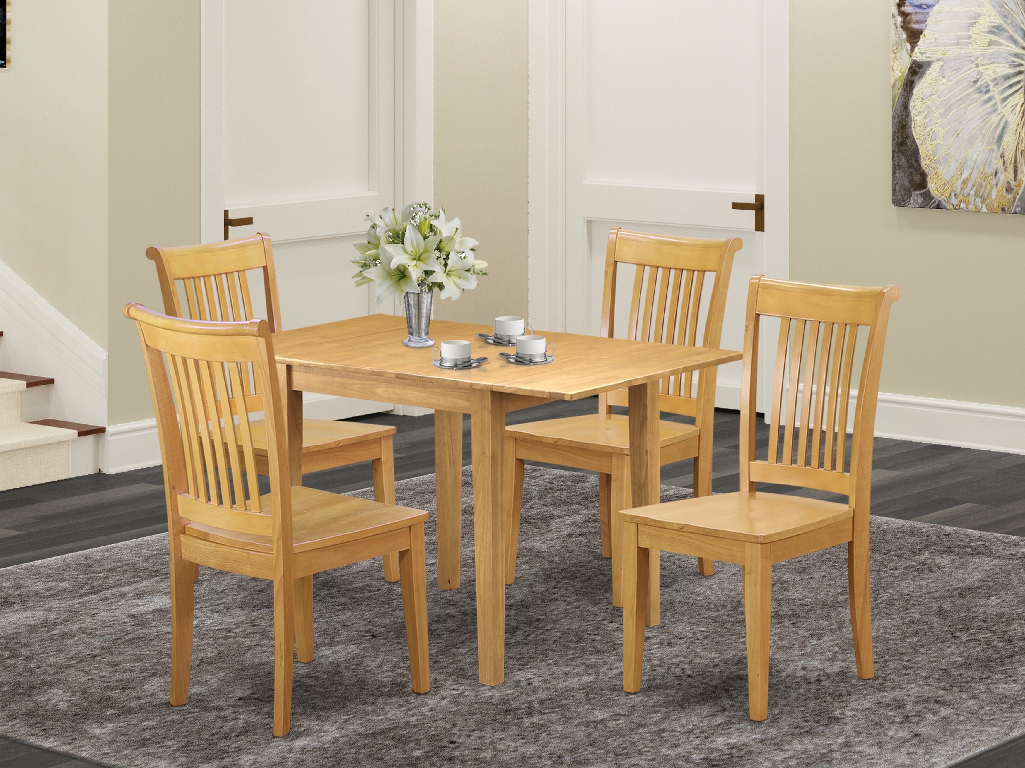 East West Furniture NDPO5-OAK-W, 5Pc Modern Dining Table Set Contains a Dining Room Table and 4 Dinette Chairs with Solid Wood Seat and Slat Back, Oak Finish