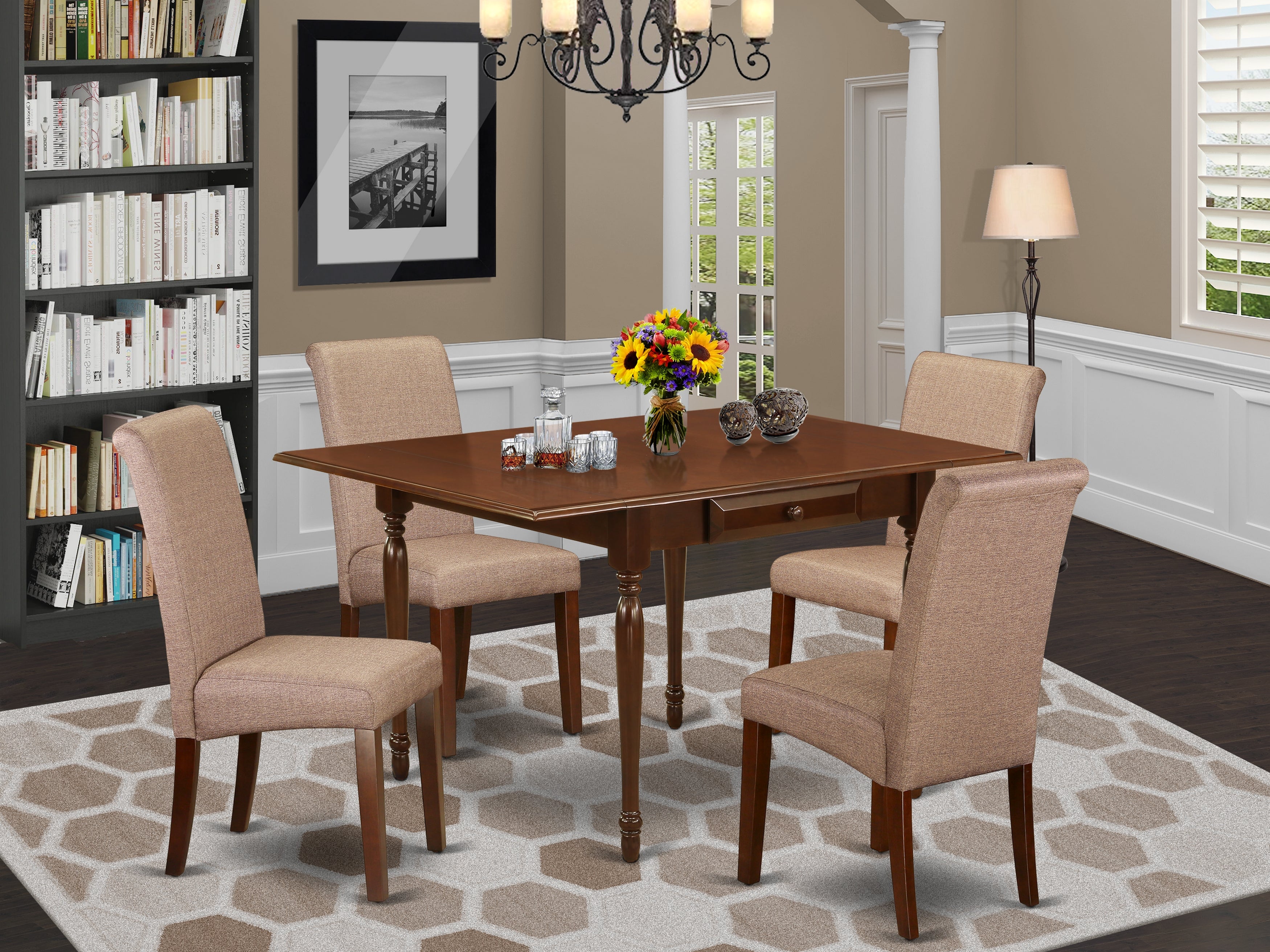 East West Furniture MZBA5-MAH-18 5Pc Dinette Set Contains a Rectangle Table and 4 Parsons Dining Chairs with Brown Linen fabric Color Linen Fabric, Drop Leaf Table with Full Back Chairs, Mahogany Finish