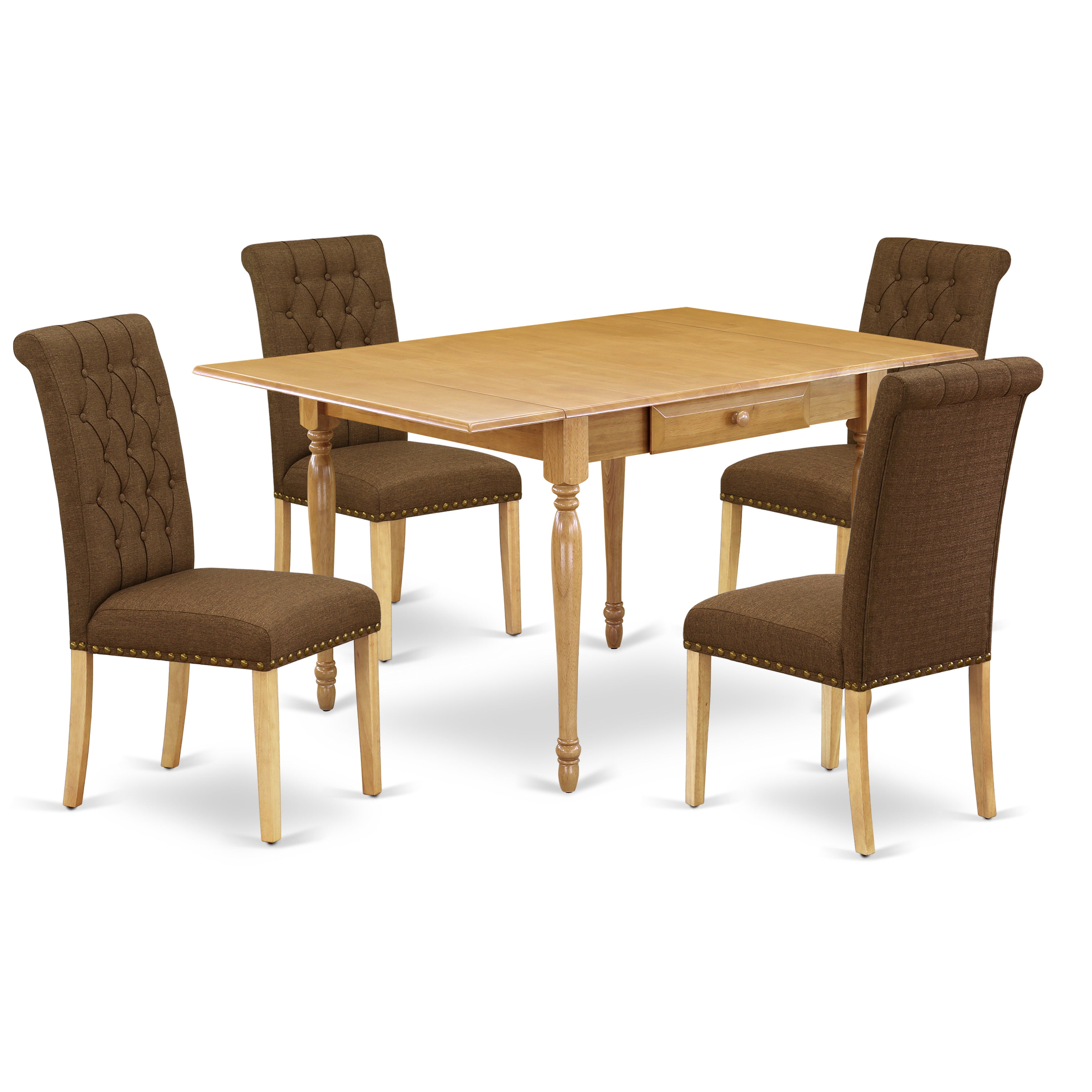 East West Furniture MZBR5-OAK-18 5Pc Kitchen Set for 4 Includes a Small Dining Table and 4 Parsons Chairs with Dark Coffee Color Linen Fabric, Drop Leaf Table with Full Back Chairs, Oak Finish