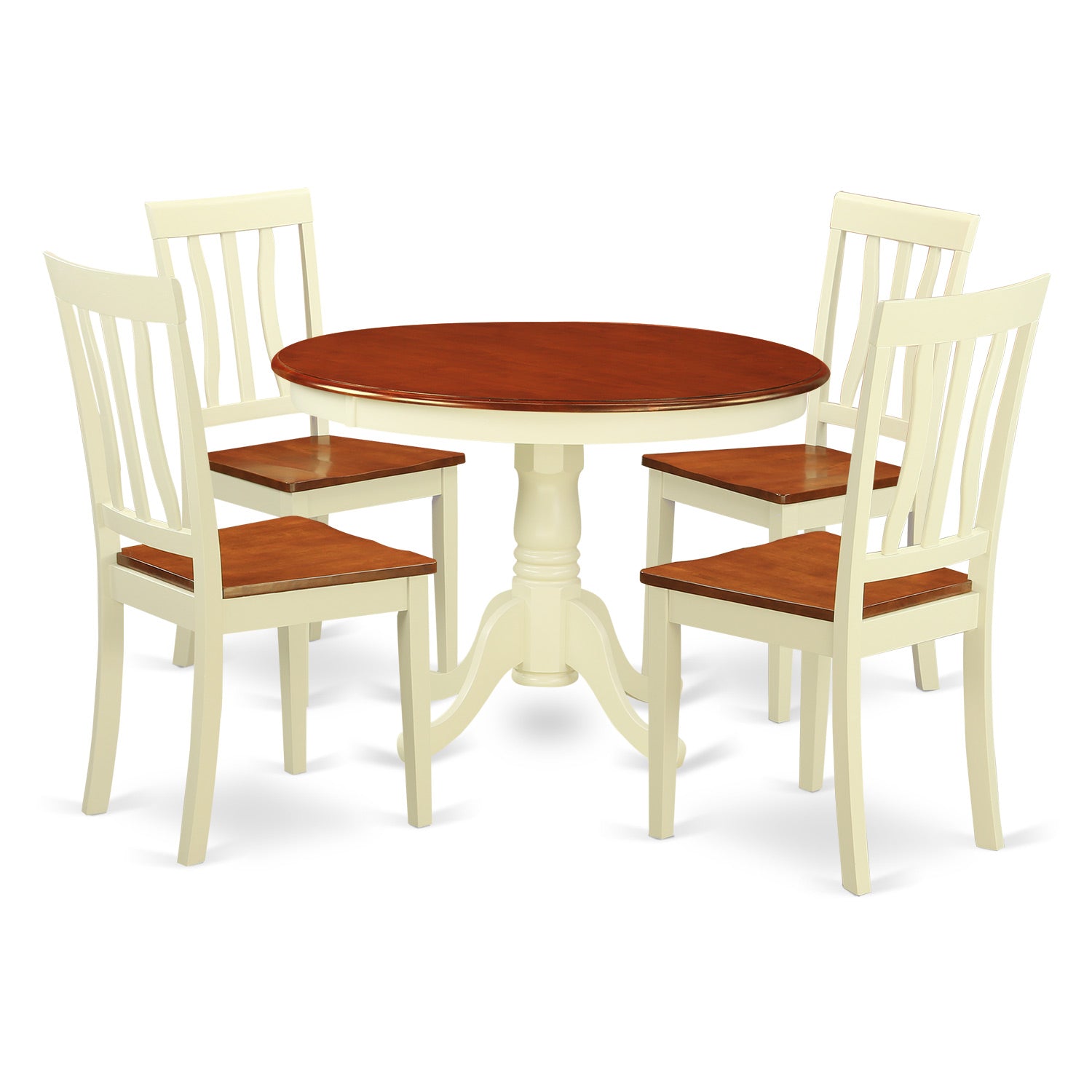 HLAN5-BMK-W 5 Pc set with a Round Small Table and 4 Wood Dinette Chairs in Buttermilk and Cherry .