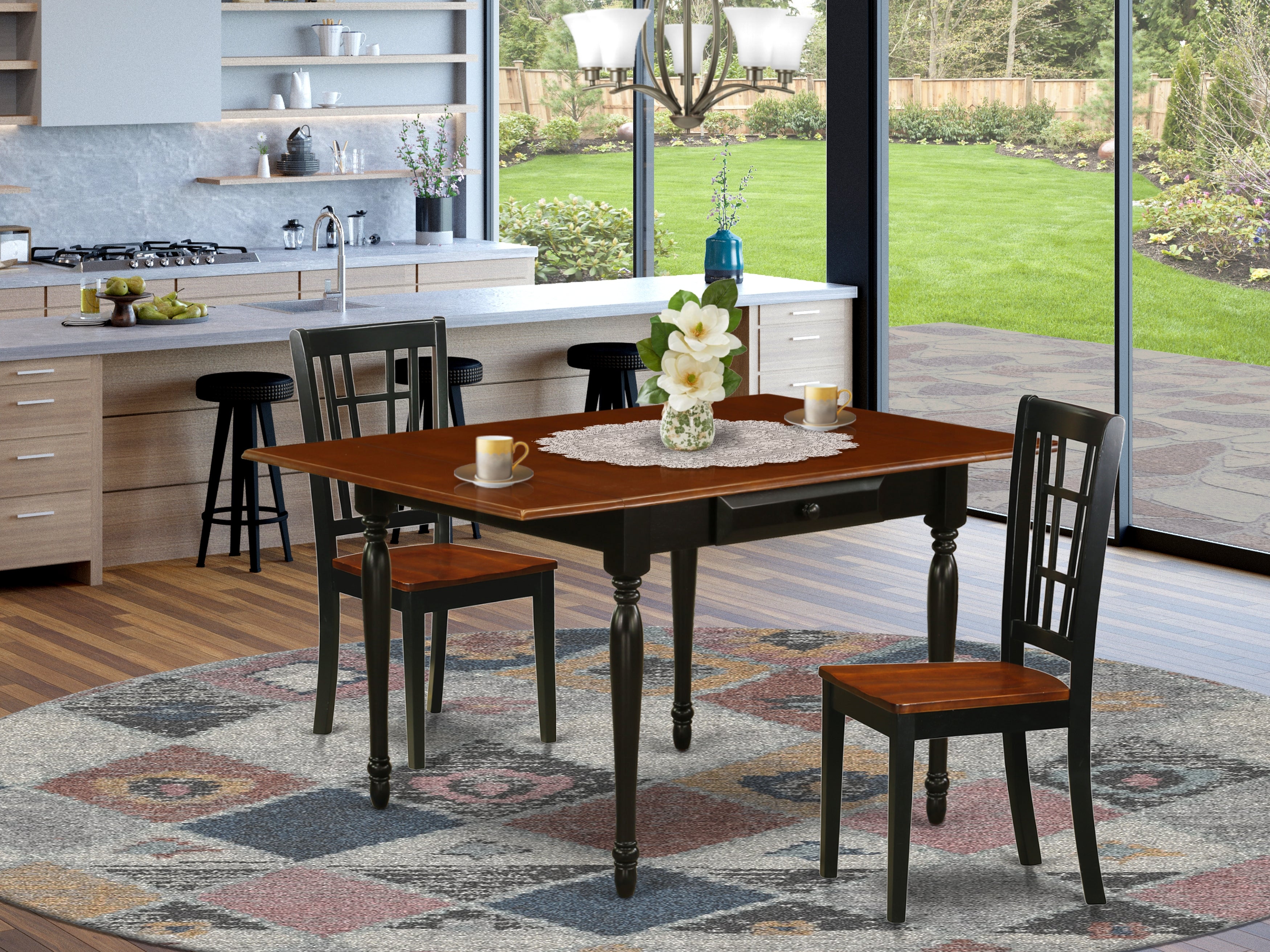 East West Furniture MZNI3-BCH-W 3 Pieces Dining Table set - Strong Two 9-Inch Drop Down Leaves Real Wood Table and 2 Real Wood Seat Modern Dining Chairs, Black and Cherry Finish