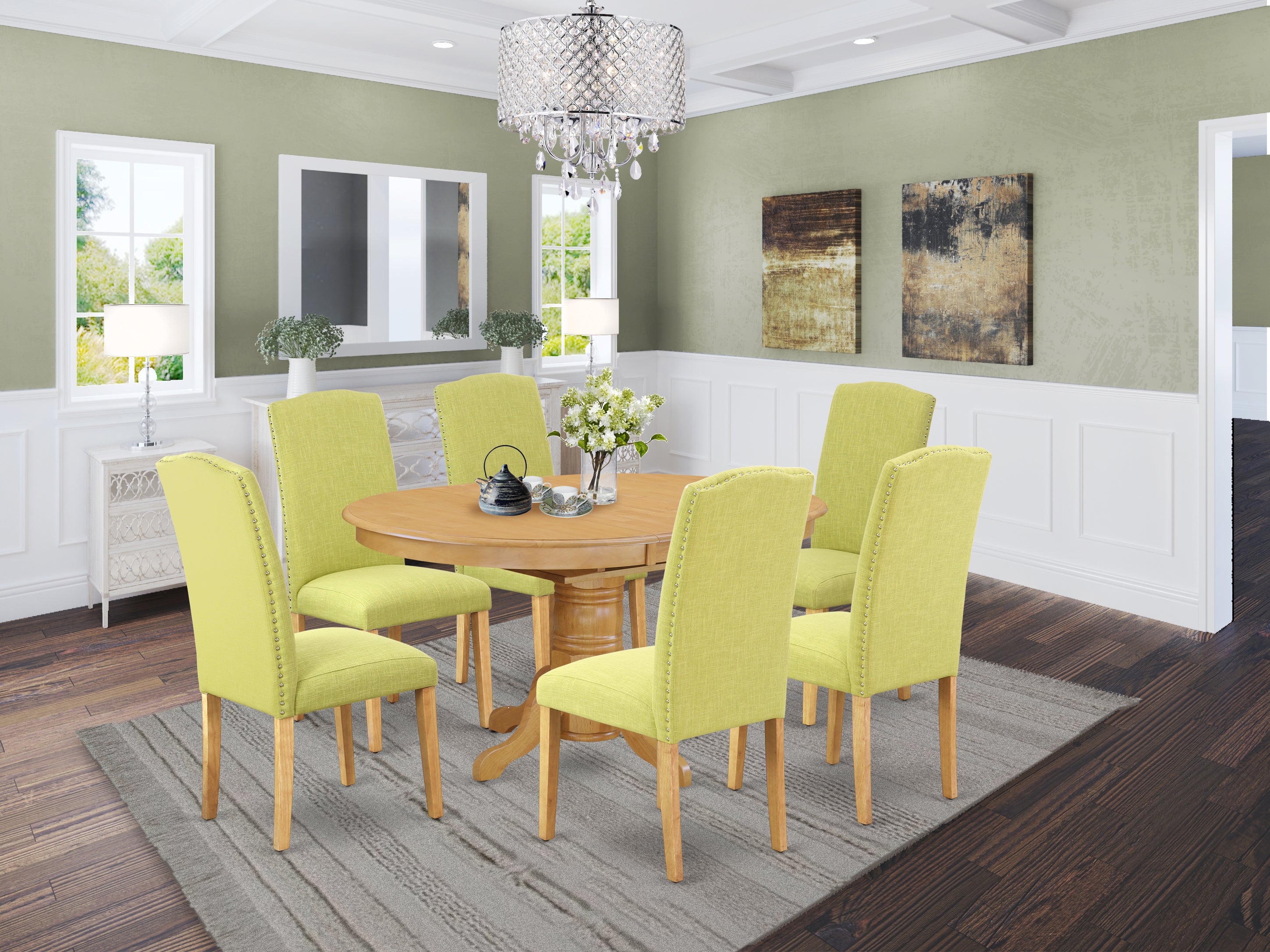 AVEN7-OAK-07 7Pc Oval 42/60" Dinette Table With 18 In Butterfly Leaf And 6 Parson Chair With Oak Leg And Linen Fabric Limelight