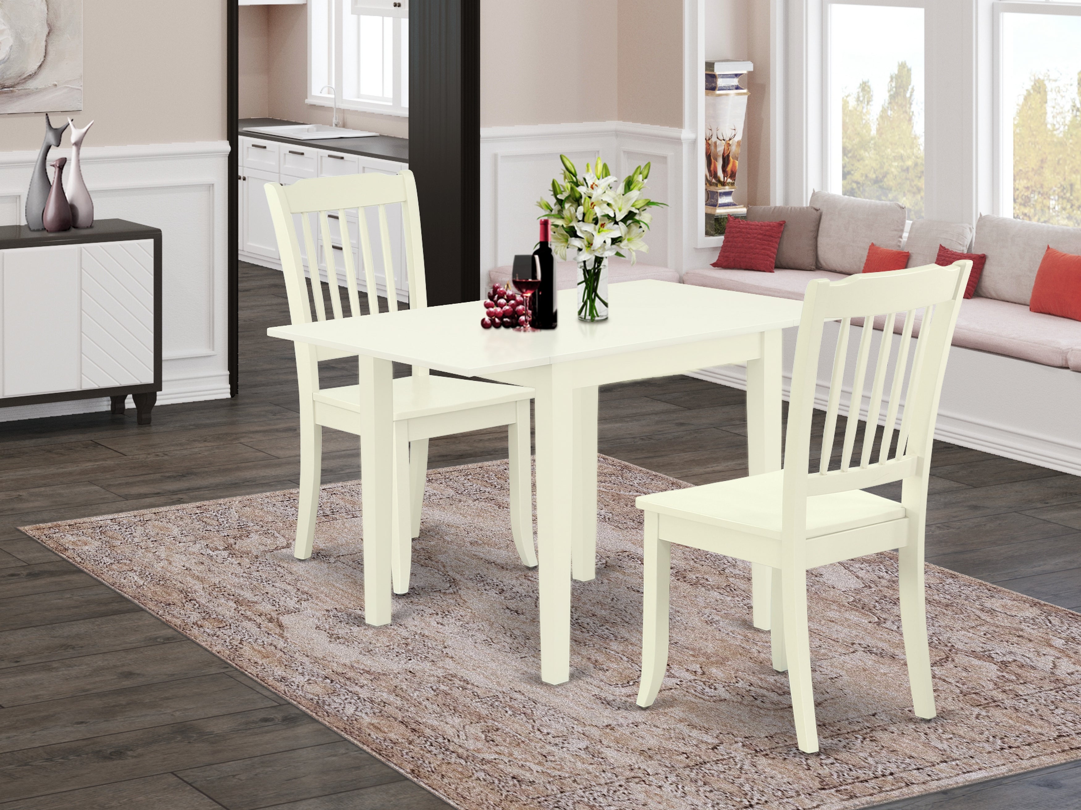 East West Furniture NDDA3-LWH-W Dining Set 3 Pcs- 2 Marvelous Dining Room Chairs and a Delightful Wooden Table - Linen White Finish Solid wood Chair Seat and Table Top - Linen White Finish Solid wood Structure.