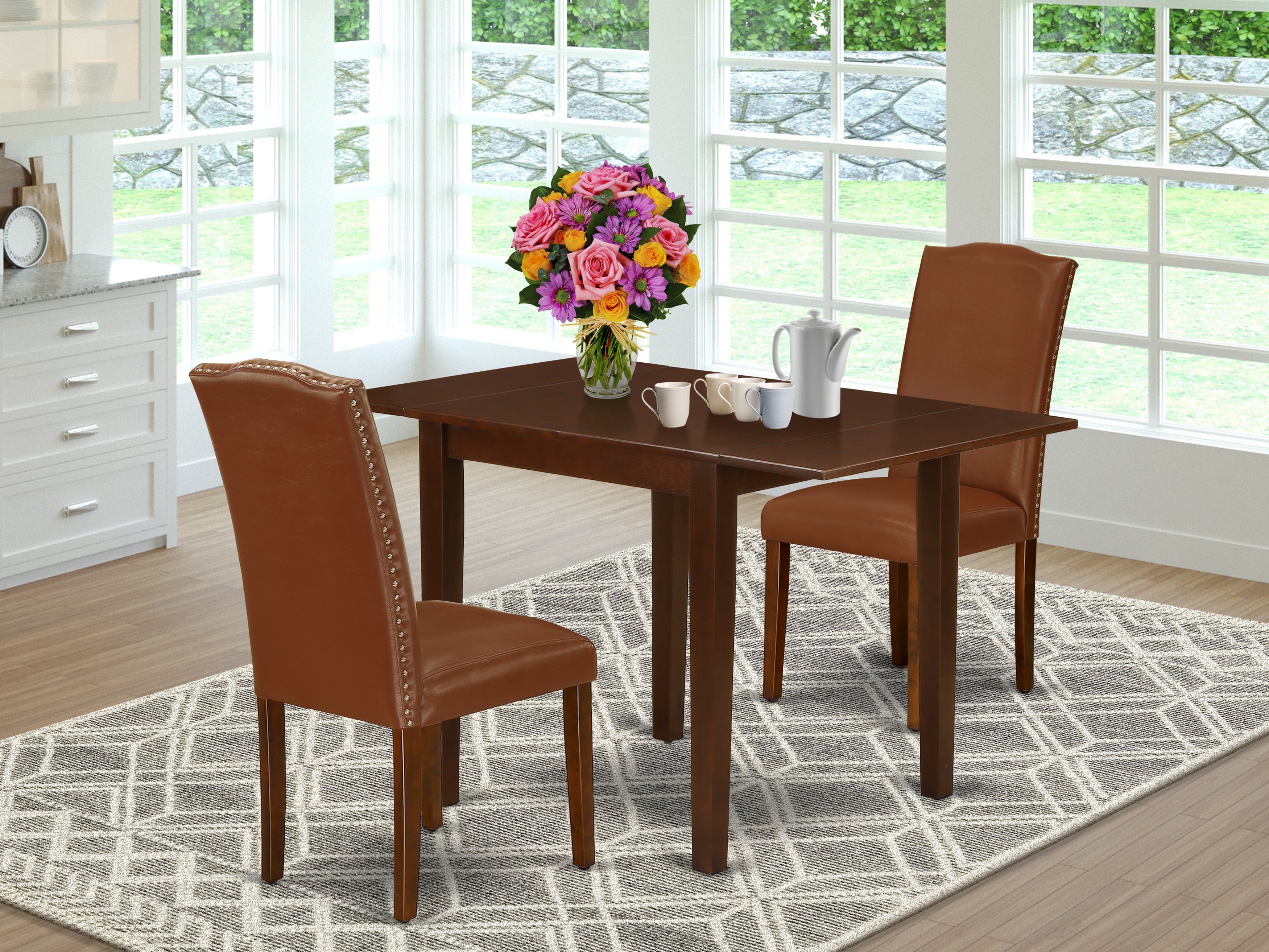 East West Furniture NDEN3-MAH-66 Dining Table Set 3 Pcs - Two Chairs For Dining Room and a Dining Table - Mahogany Finish Hardwood - Brown Color Pu Leather