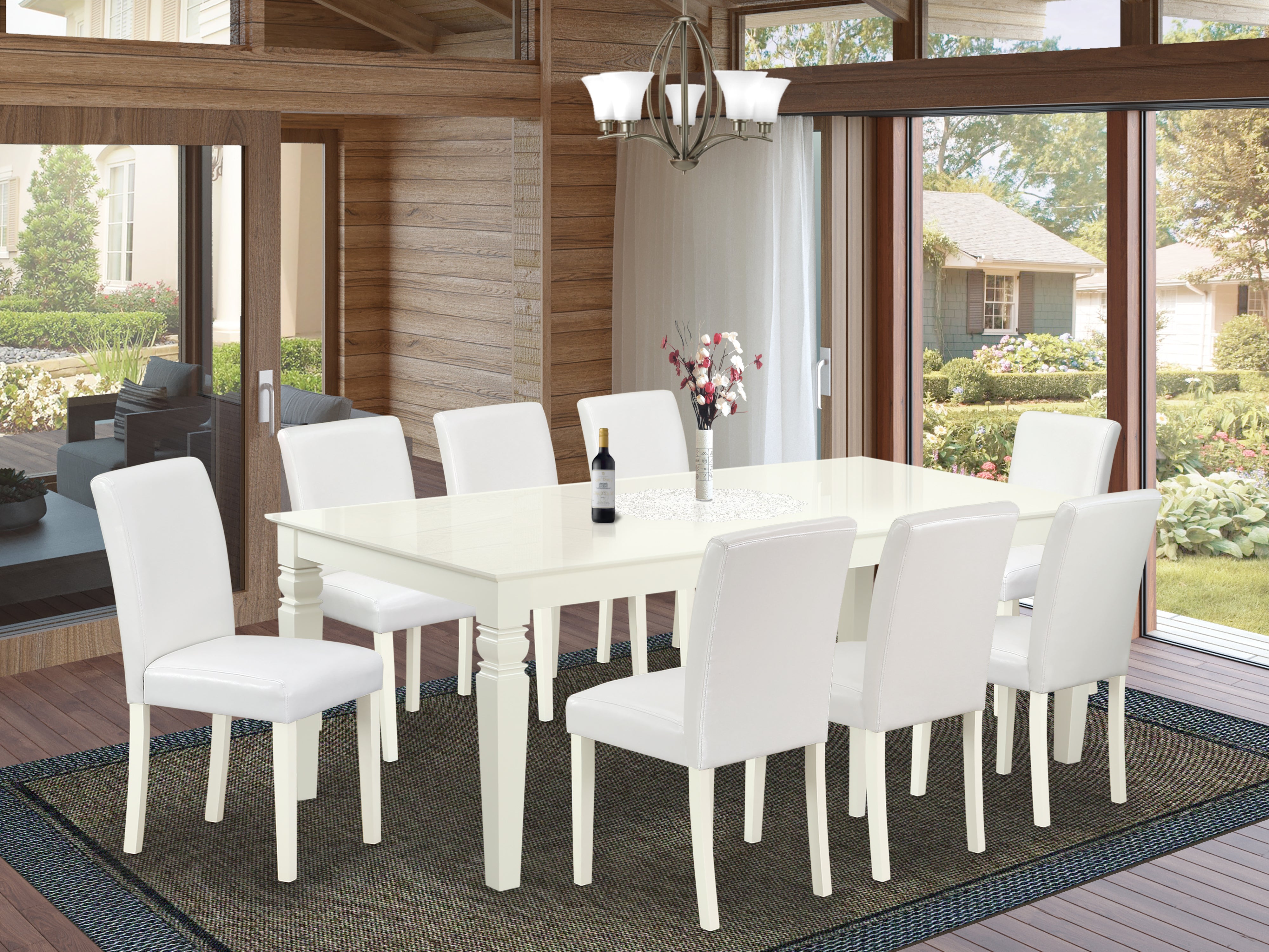 LGAB9-LWH-64 9Pc Rectangle 66/84 Inch Kitchen Table With 18 In Leaf And Eight Parson Chair With Linen White Leg And Pu Leather Color White