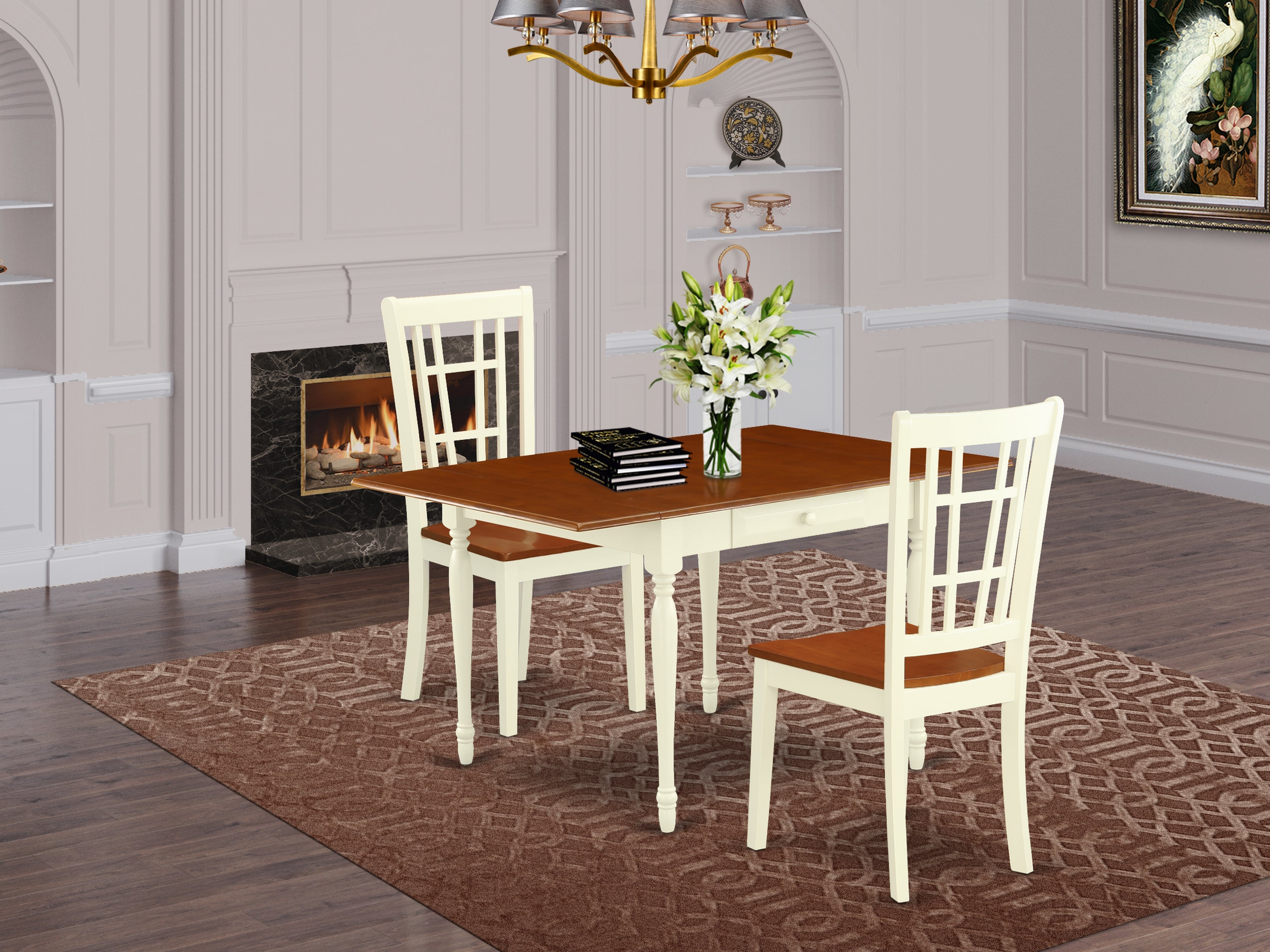 East West Furniture MZNI3-WHI-W 3 Pieces Wooden Dining Table set - Heavy Duty Two 9-Inch Drop Down Leaves Hardwood Kitchen Table and 2 Solid Wood Seat Dining Room Chairs, Buttermilk and Cherry Finish